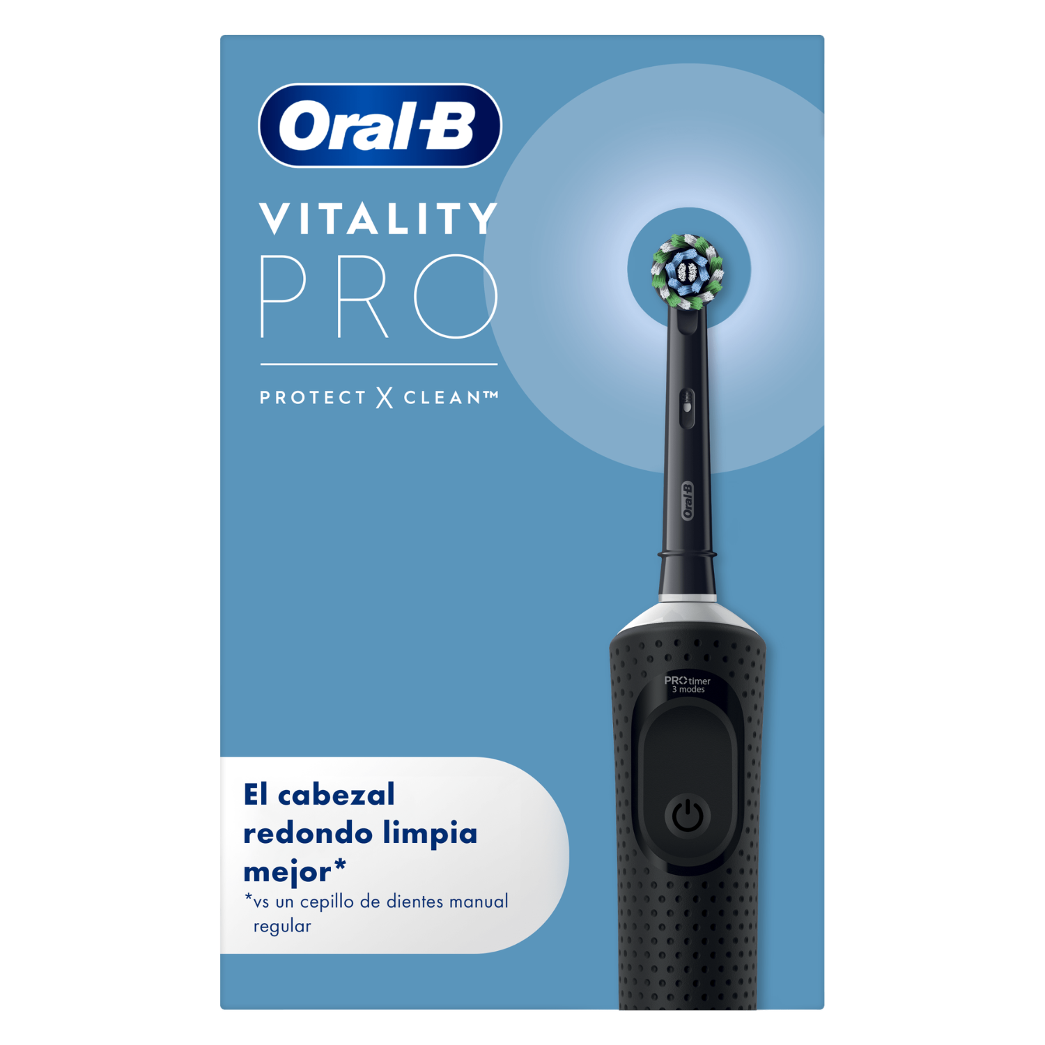 Cepillo de dientes eléctrico Oral-B Vitality PRO con cabezal redondo sobre fondo azul.