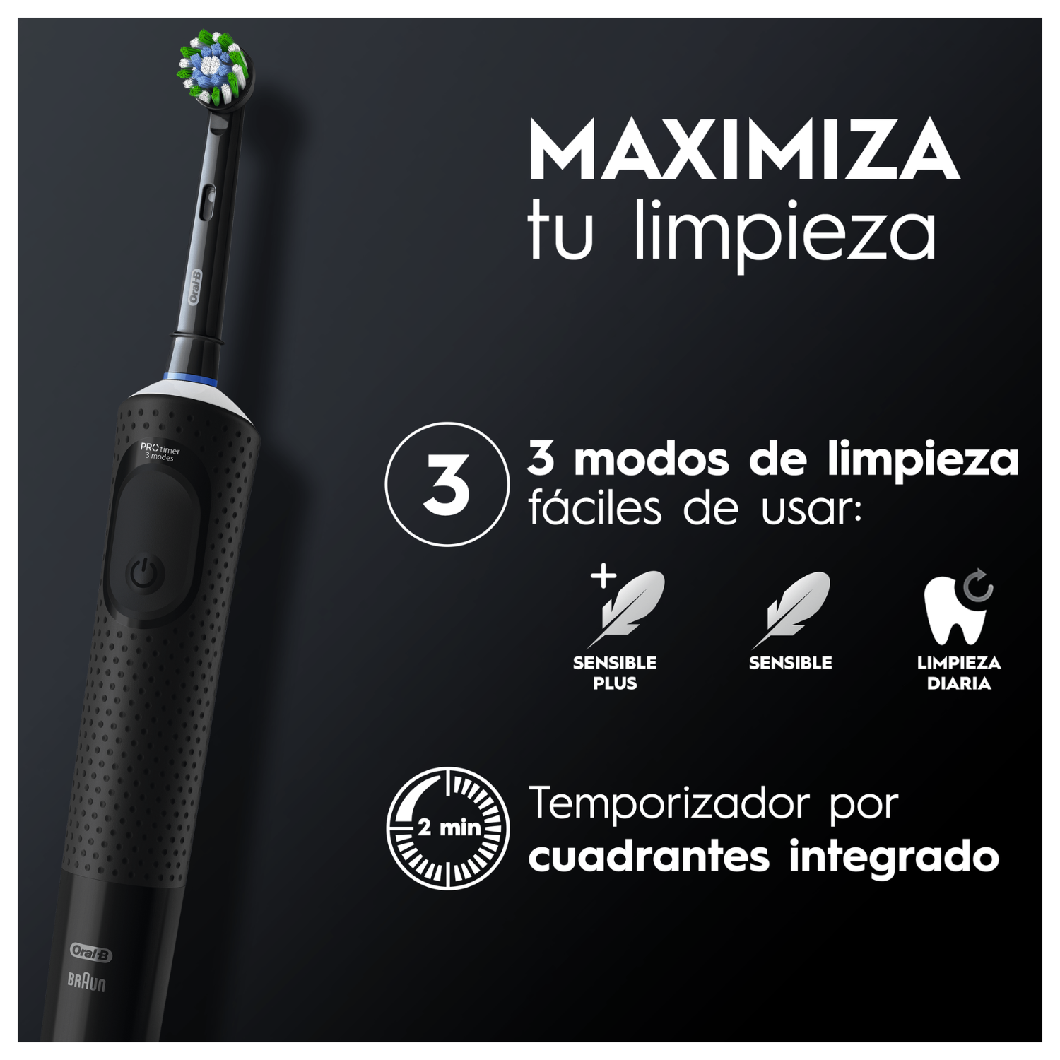 Maximiza tu limpieza. 3 modos de limpieza fácil de usar. Sensible plus. Sensible. Limpieza diaria. Temporizador por cuadrantes integrado. 2 minutos.