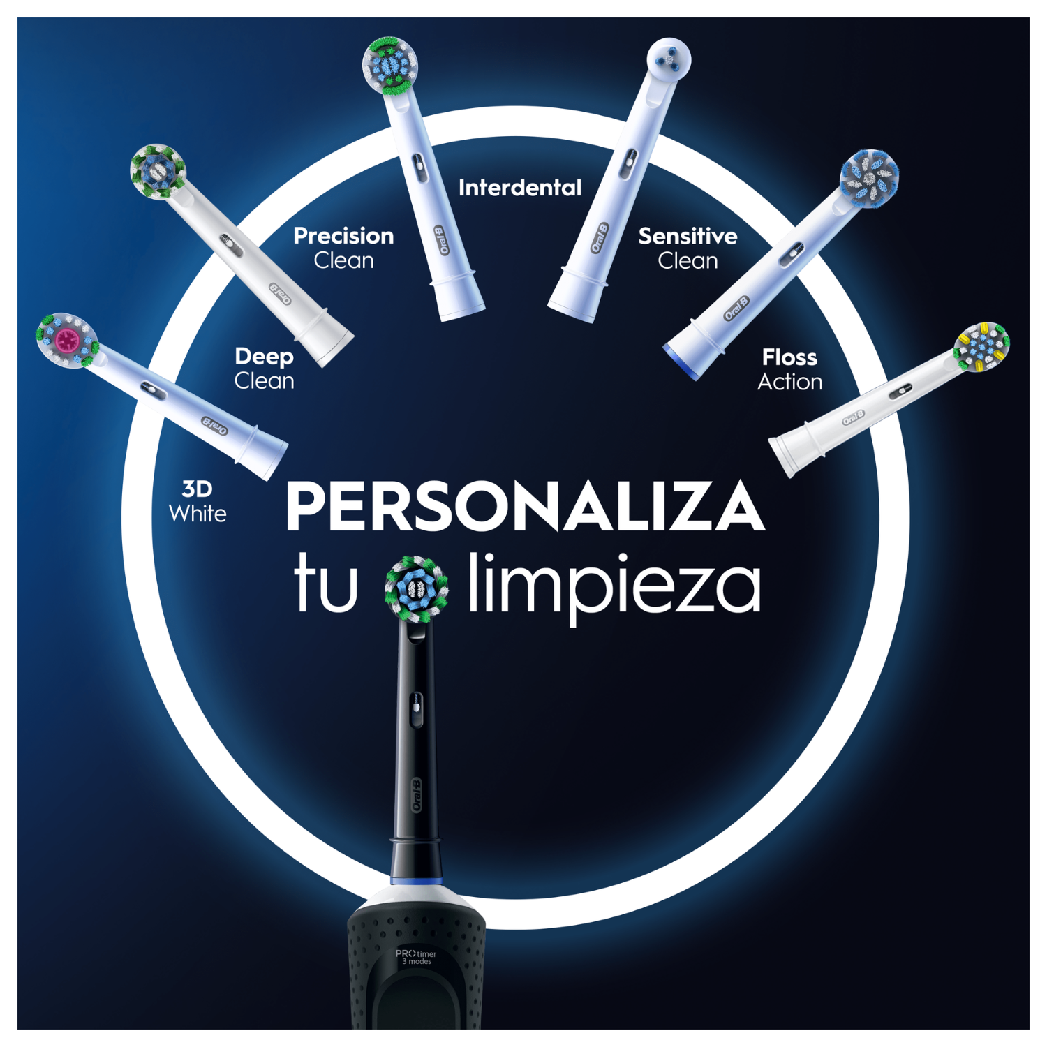 Personaliza tu limpieza. 3d White. Deep clean. Precision clean. Interdental. Sensitive clean. Floss action.