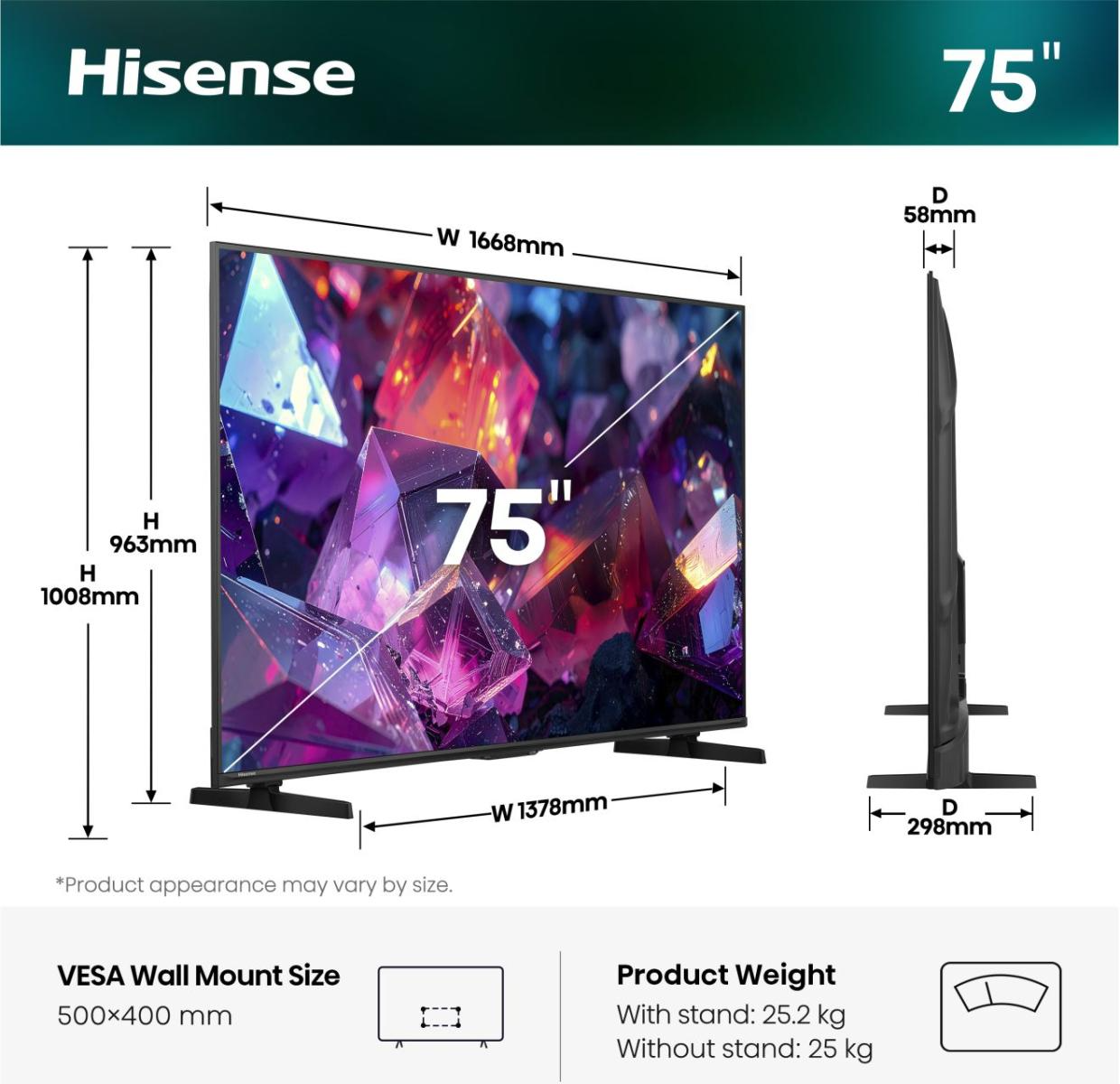 Hisense 75 hüvelykes TV méretekkel és súlyadatokkal.