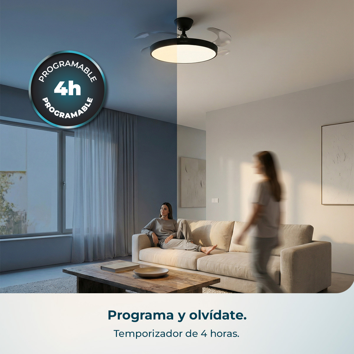Un ventilador de techo con luz sobre un sofá. Un temporizador circular muestra 4h.