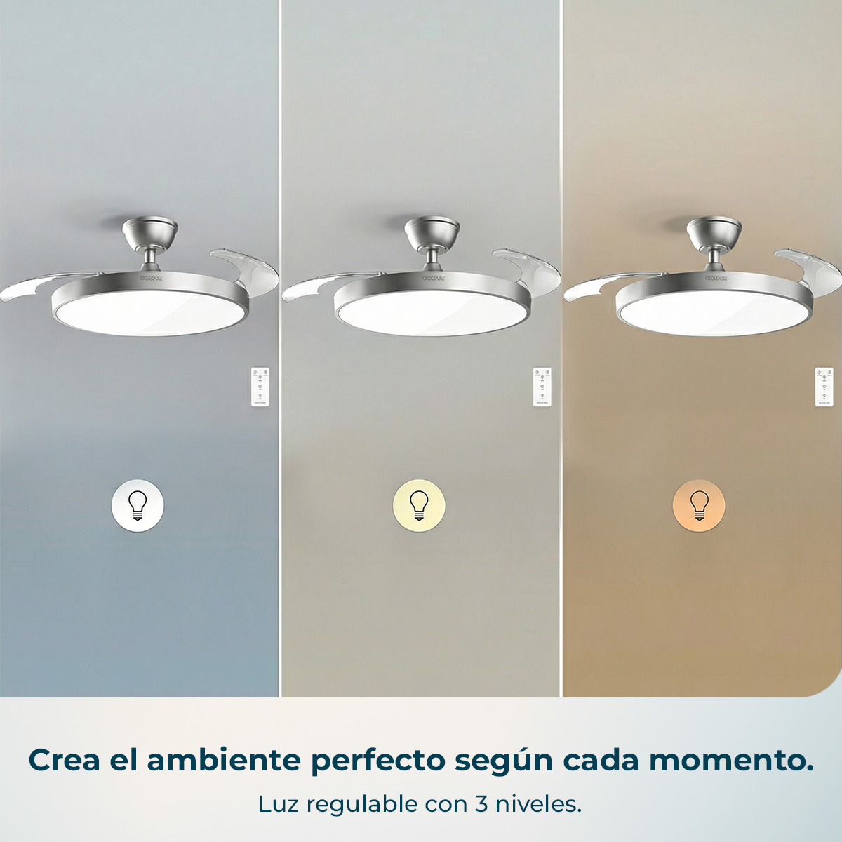 Ventilador de techo con luz en 3 temperaturas de color.