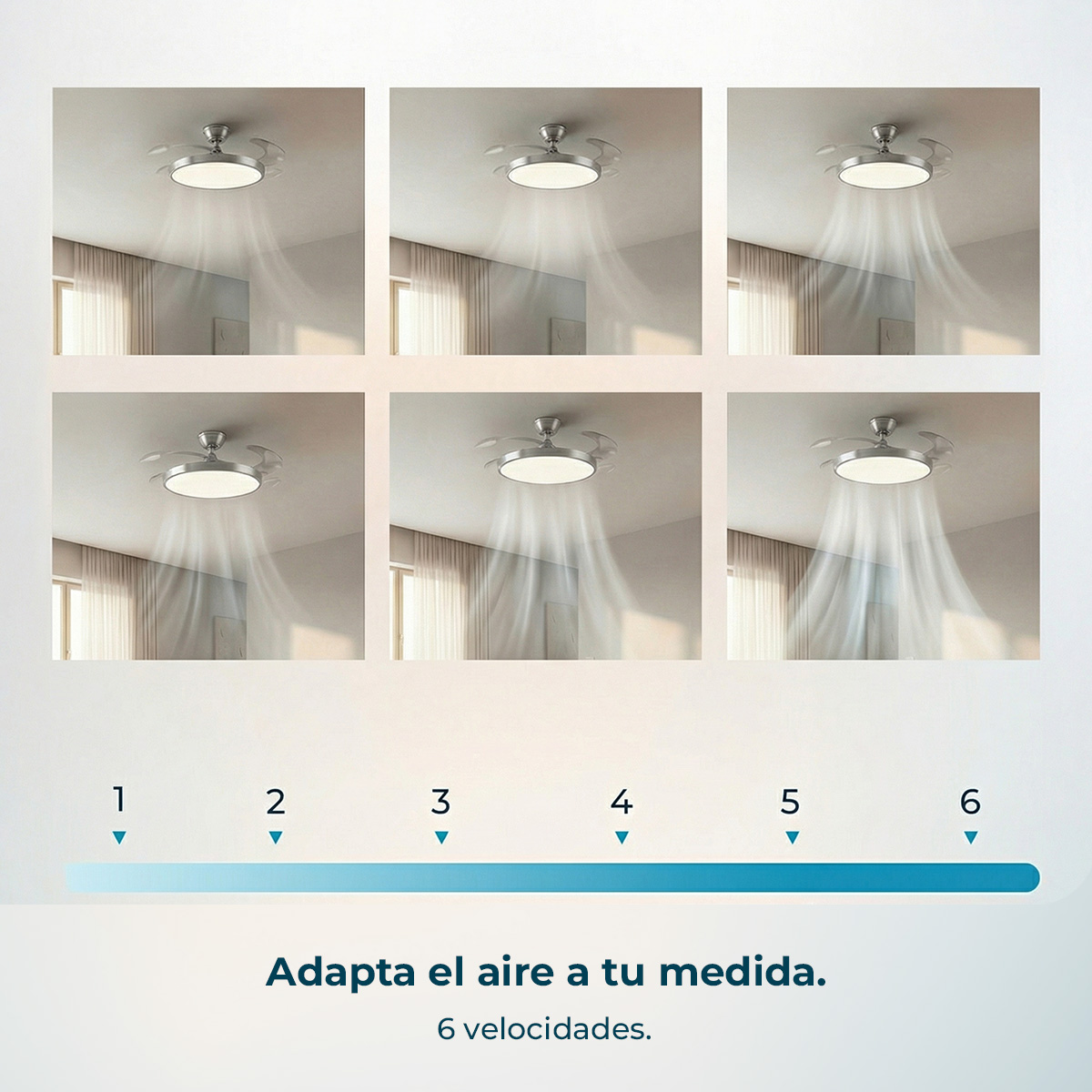 Ventilador de techo con luz y 6 velocidades de flujo de aire, de bajo a alto.