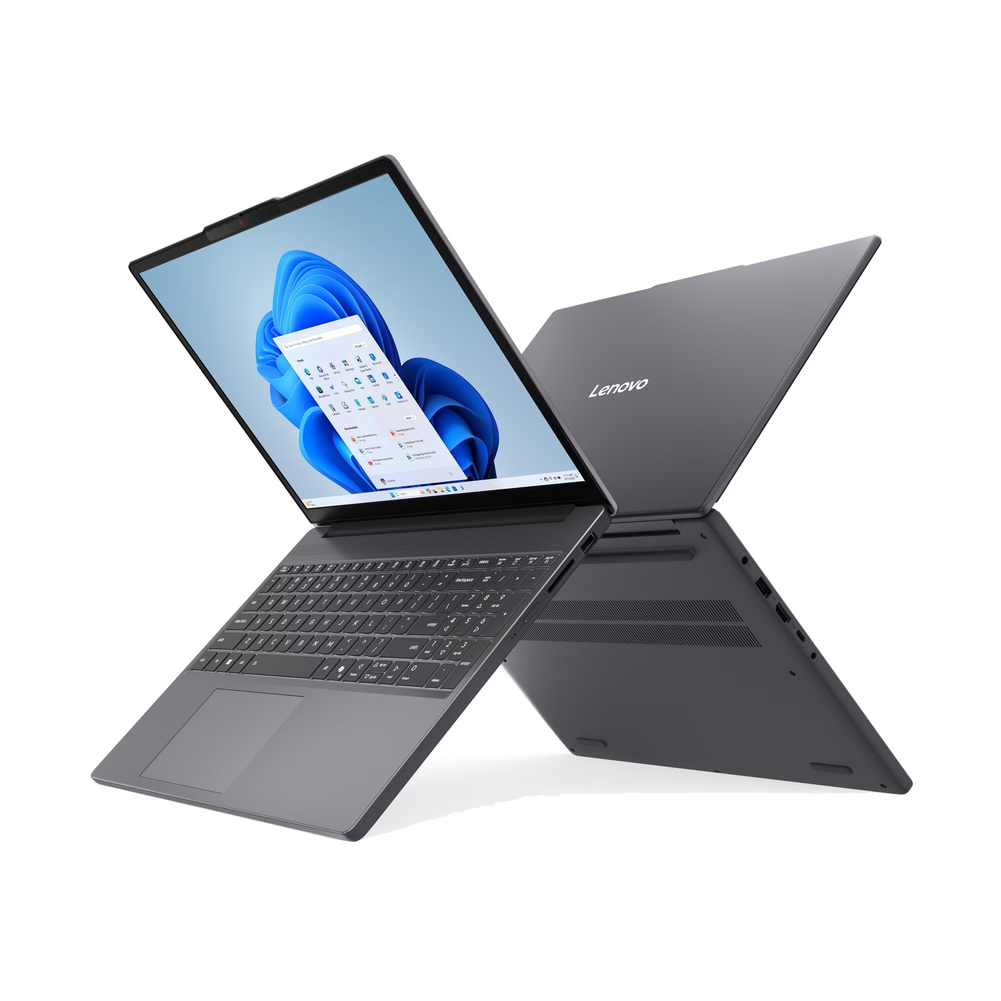 Portátil Lenovo gris oscuro abierto, mostrando teclado, trackpad y pantalla Windows 11.