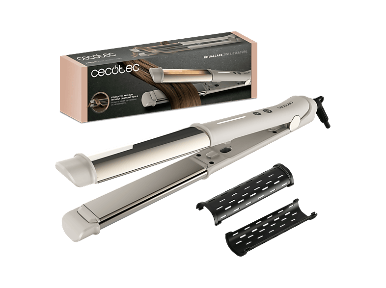 Plancha de pelo - Cecotec RitualCare 2in1 Lisse&Curl, 2 en 1, Cerámica, 170-230ºC, Tecnología iónica, MCH, Autoapagado 30 min, Crema