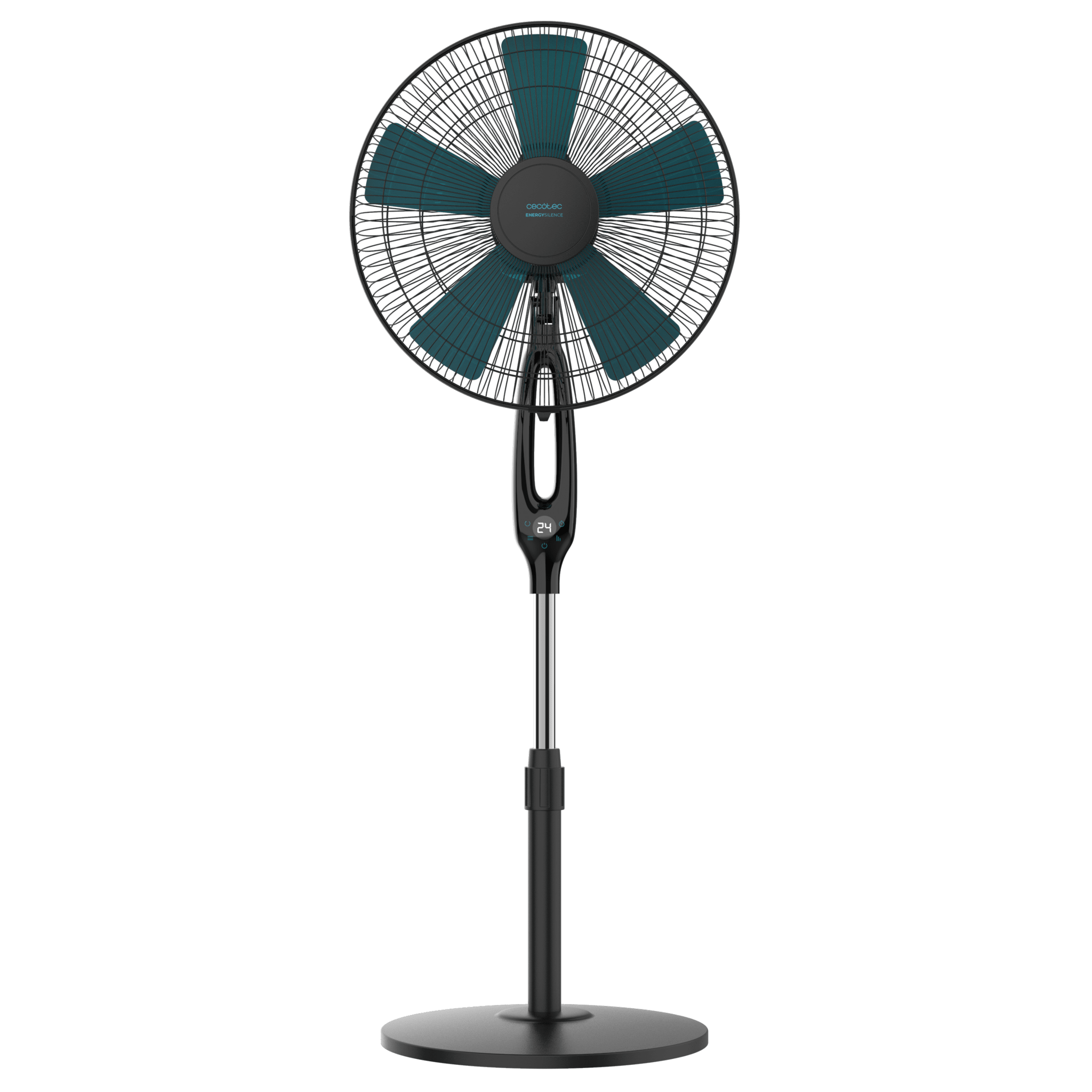 Un ventilador de pie negro con aspas azules y pantalla digital.