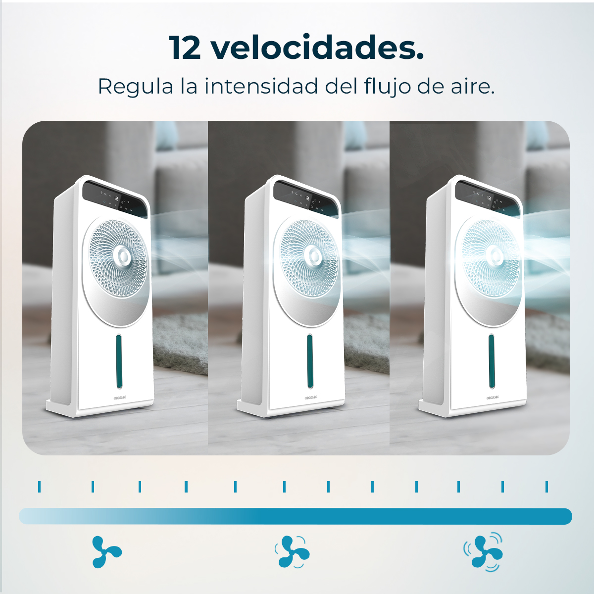 Tres enfriadores de aire blancos mostrados con iconos de ventilador.