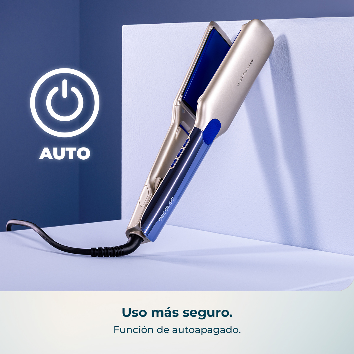 Una plancha de pelo dorada y azul con símbolo de apagado automático y la palabra AUTO.