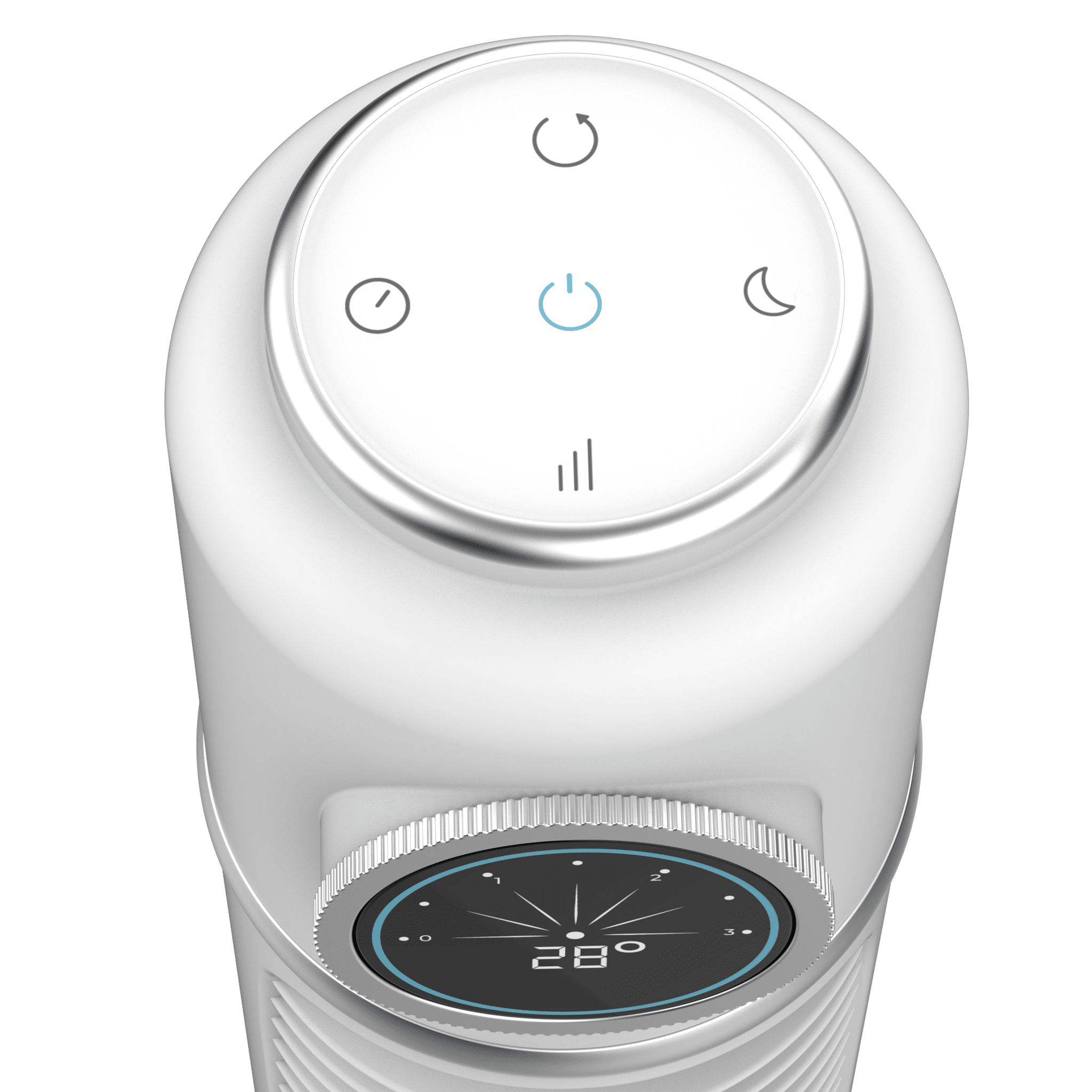 Primer plano de pantalla de ventilador blanca con 28 grados e iconos.