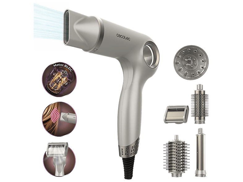 Secador - Cecotec DryGlam Waves Sensor 6in1, Motor brushless 1400W, distancia, Tecnología iónica, 6 accesorios, 110.000 rpm, Plata