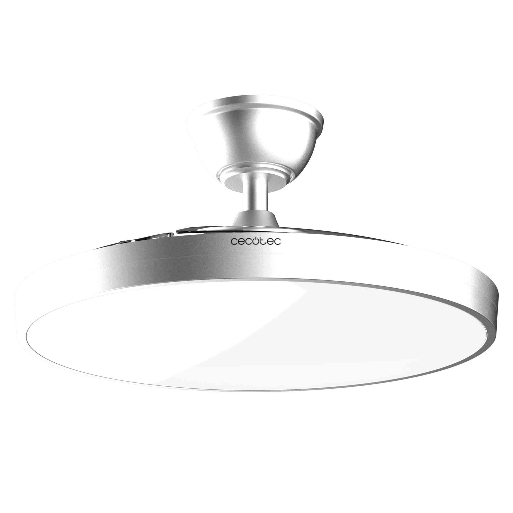 Una lámpara de techo plateada con ventilador integrado sobre fondo verde.