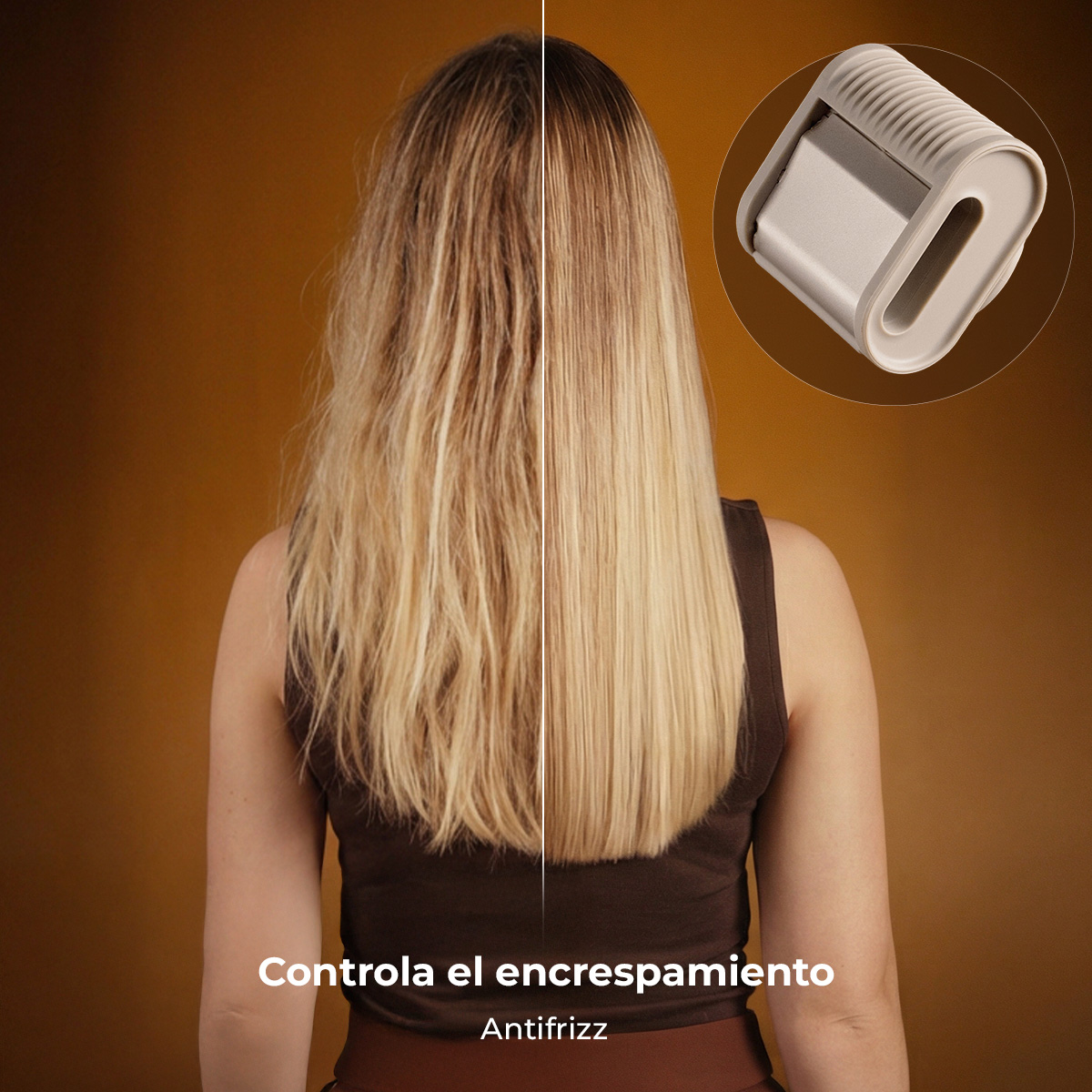 Imagen dividida antes/después mostrando pelo encrespado a la izquierda, liso a la derecha.
