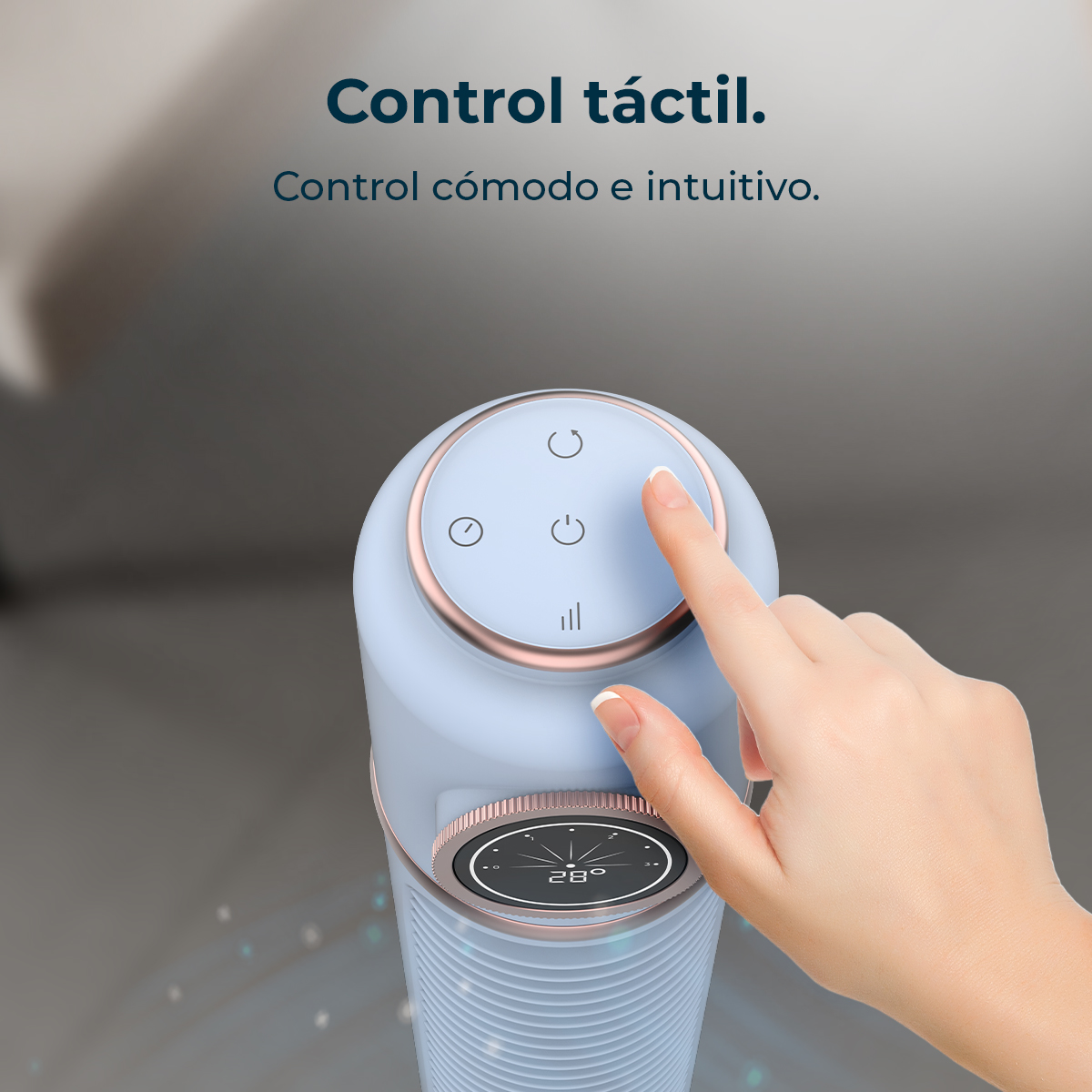 Una mano opera un dispositivo azul con controles táctiles y pantalla digital.