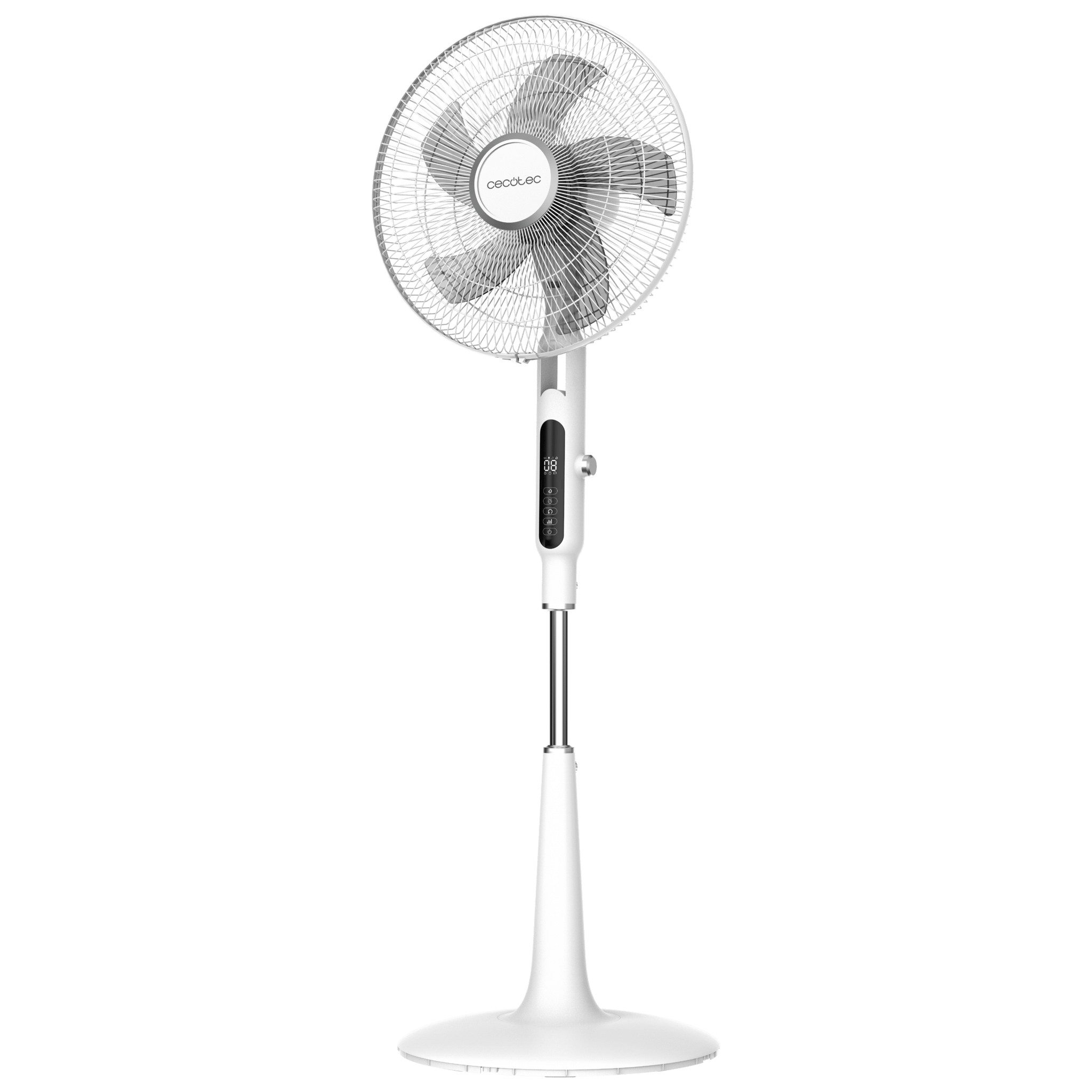 Un ventilador de pedestal blanco con pantalla digital y controles en el soporte.