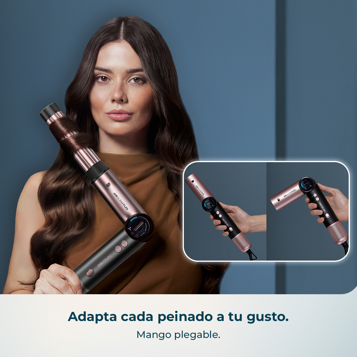 Mujer con pelo brillante sujeta un styler para el pelo rosa y negro. Recuadro muestra el styler en uso.