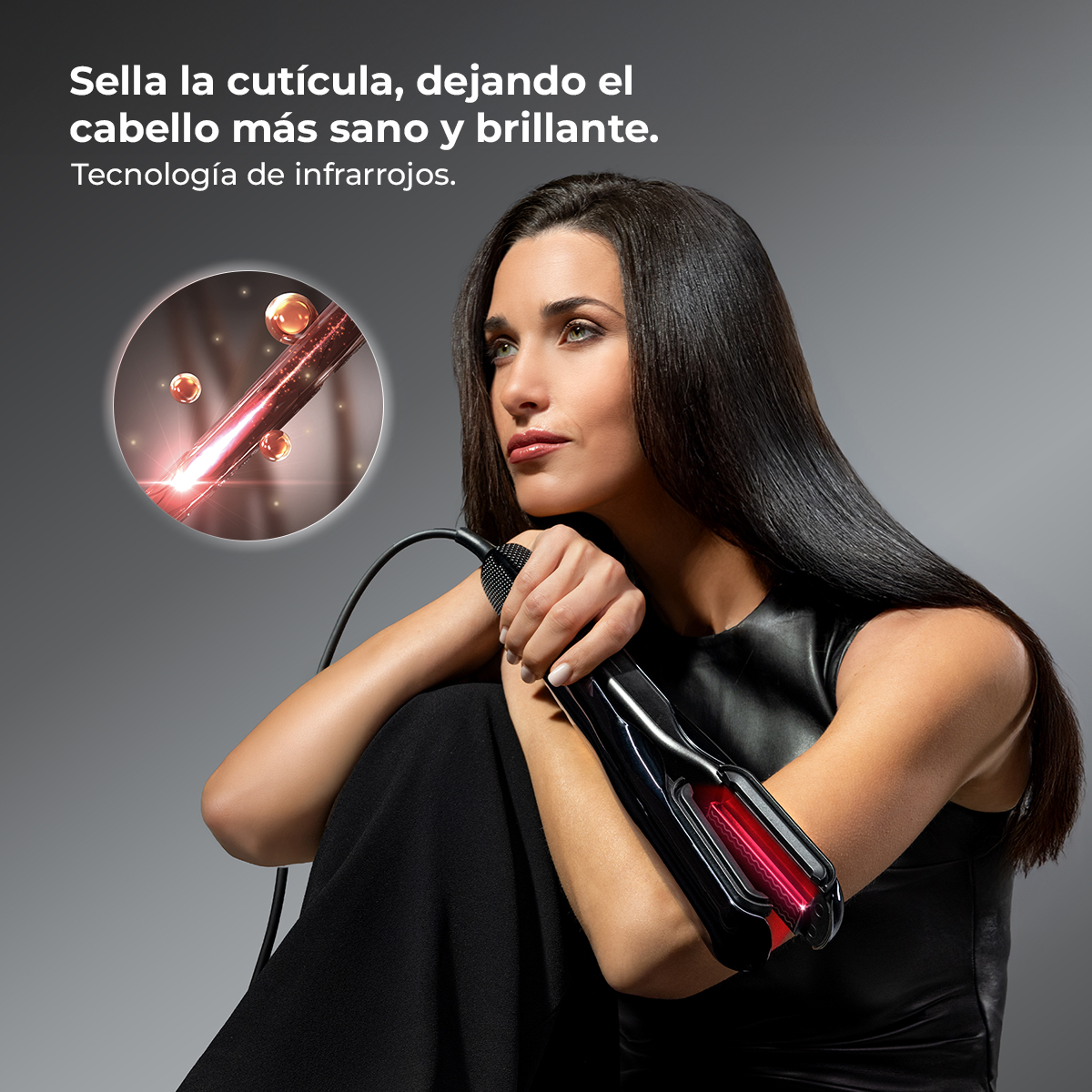 Mujer con cabello liso sosteniendo una plancha, con gráfico de tecnología infrarroja.