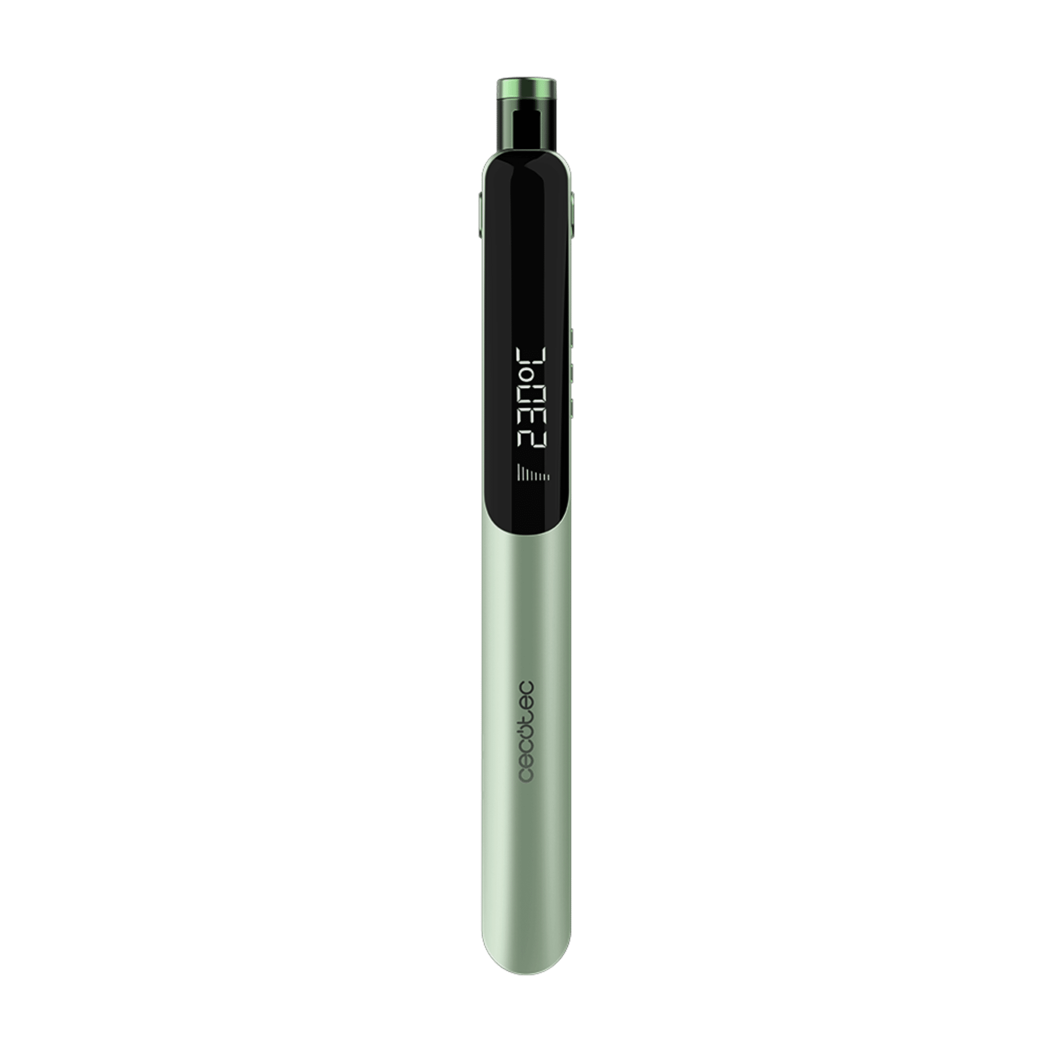 Un elegante dispositivo verde claro con pantalla negra muestra 230°C.