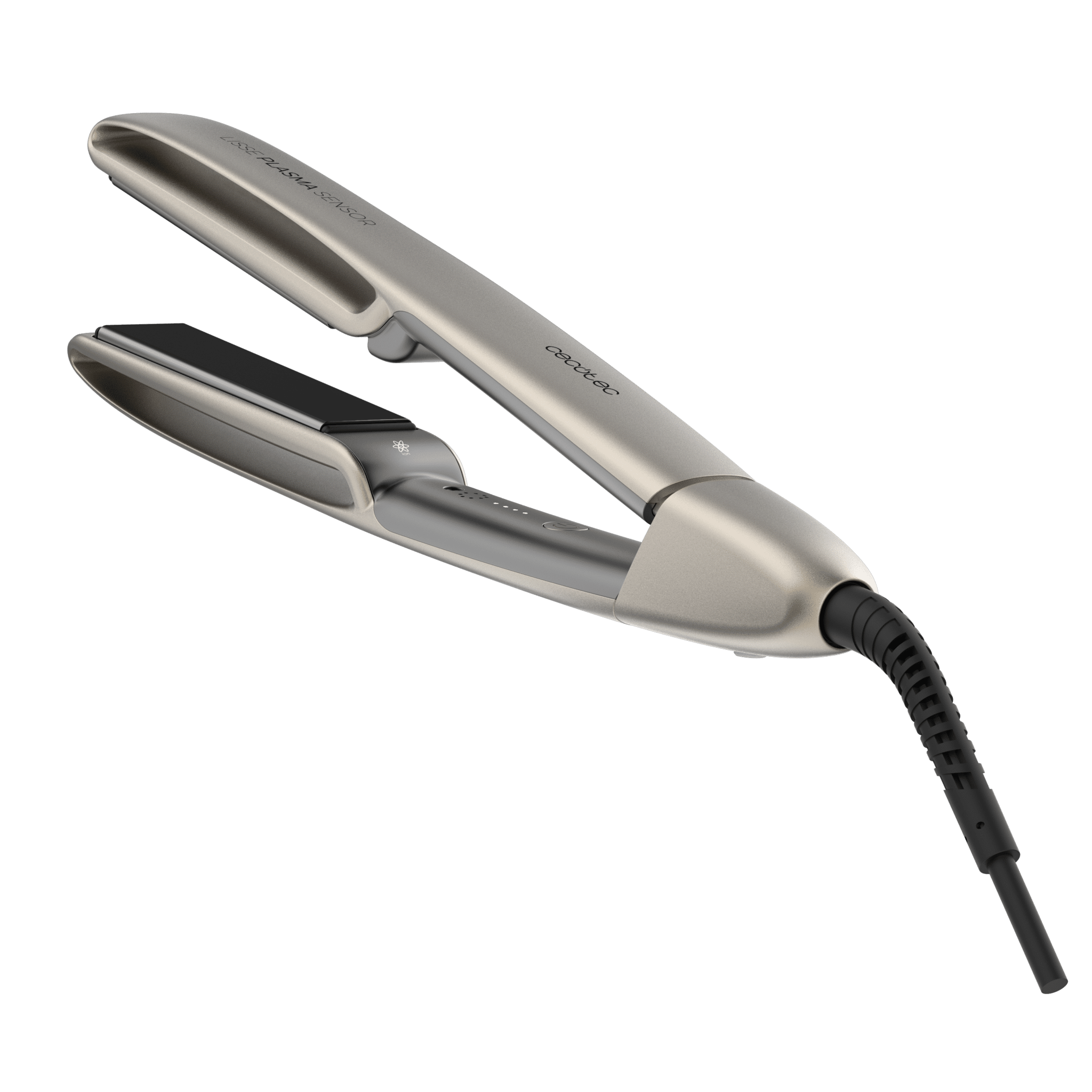 Una plancha de pelo plateada con cable negro sobre fondo verde.