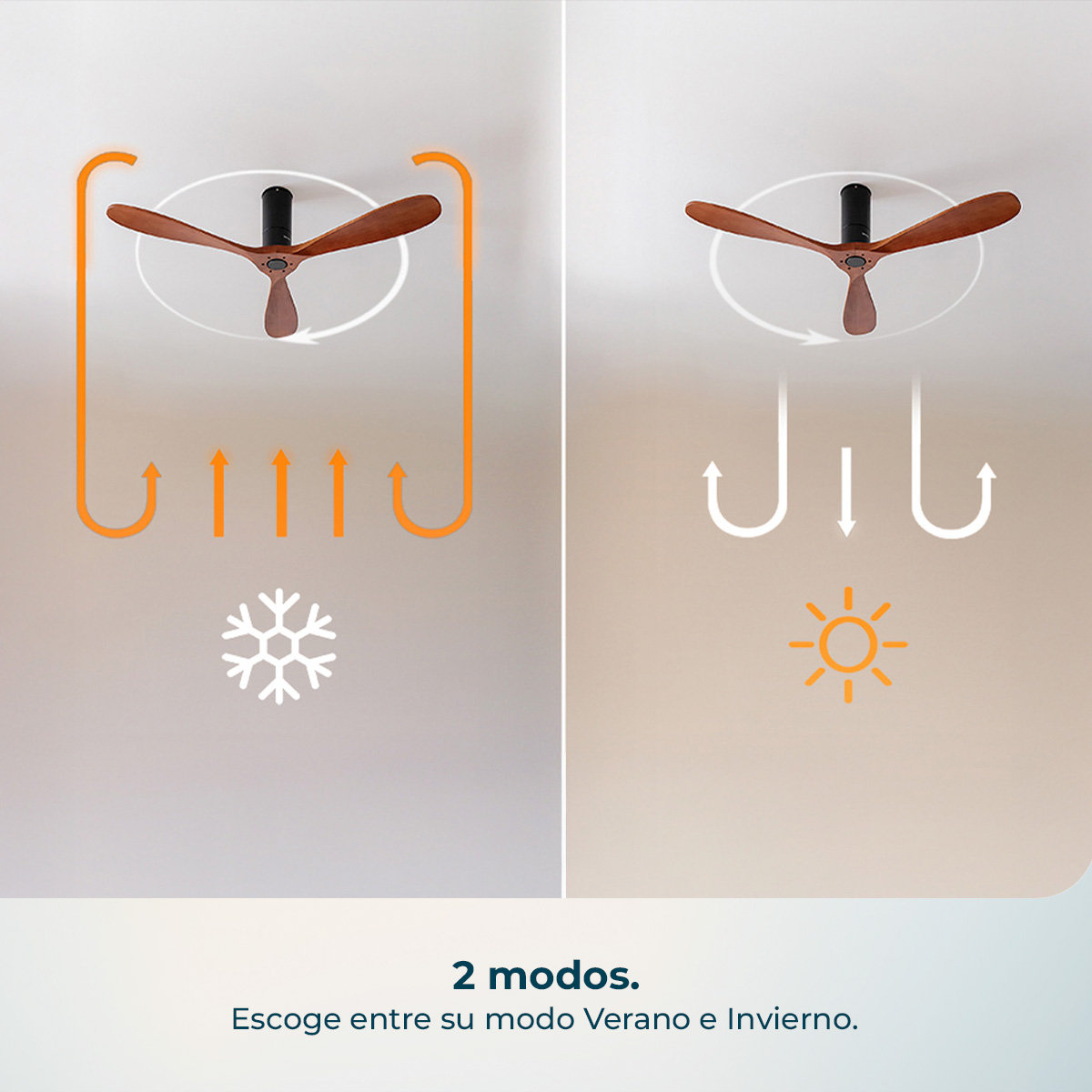 Ventilador de techo en dos modos: Frío abajo, Calor arriba.