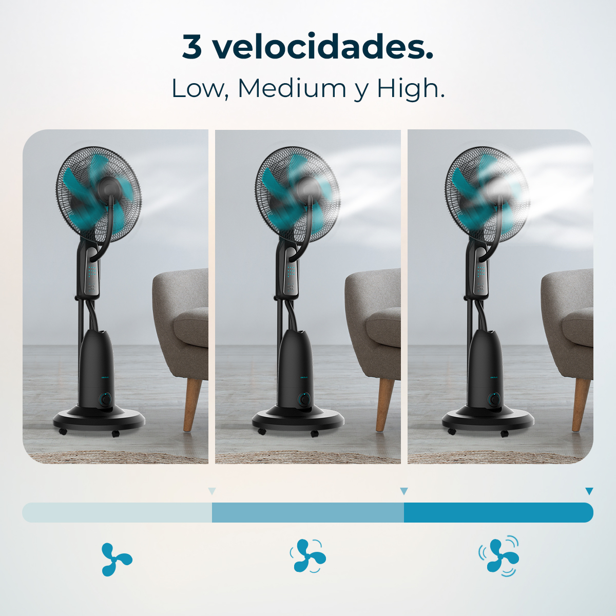 Tres ventiladores de pie con aspas azules mostrados a diferentes velocidades.