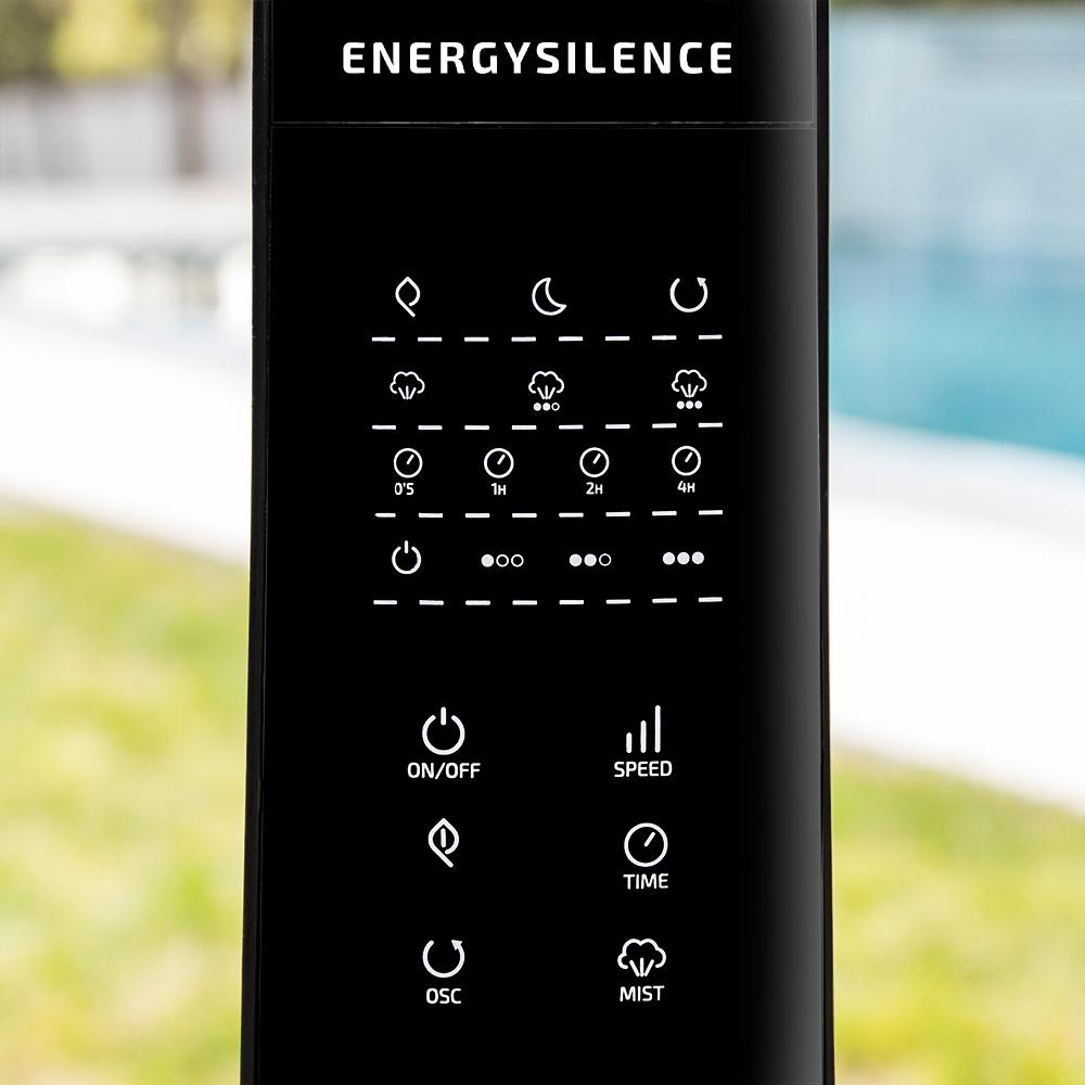 Panel de control negro con iconos de velocidad del ventilador, temporizador, niebla y oscilación.
