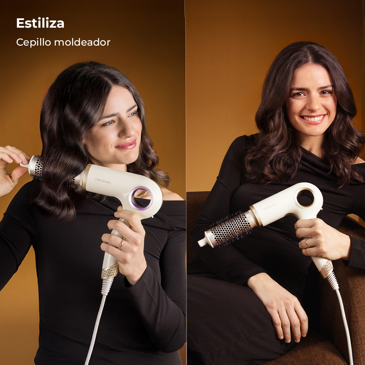 Mujer con secador de pelo blanco y dorado con cepillo, fondo marrón.