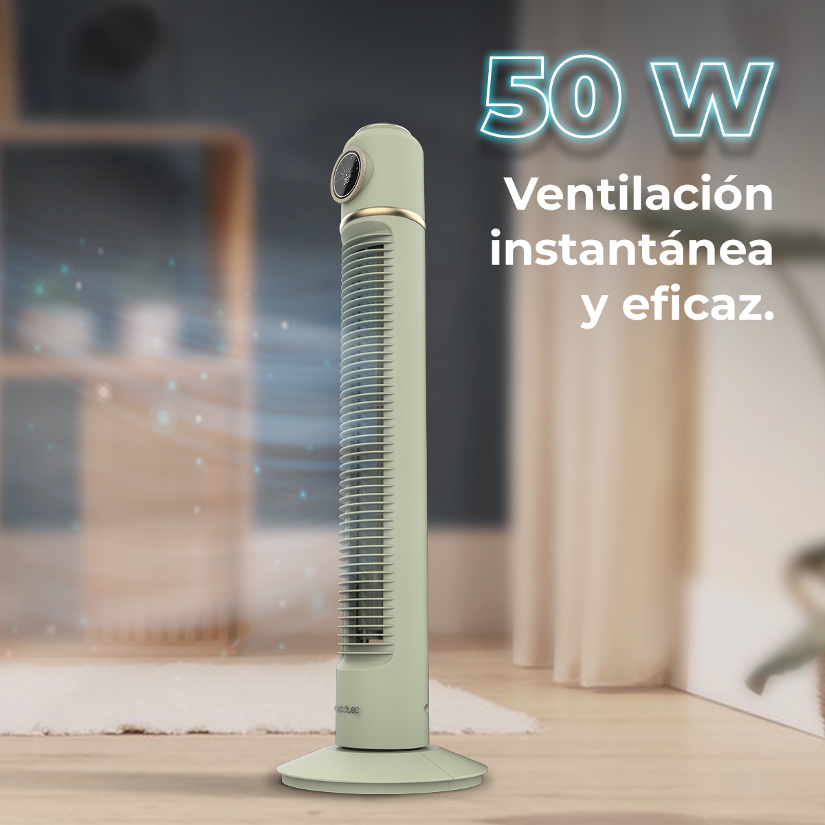 Un ventilador de torre delgado, verde menta, con anillo dorado y pantalla digital.