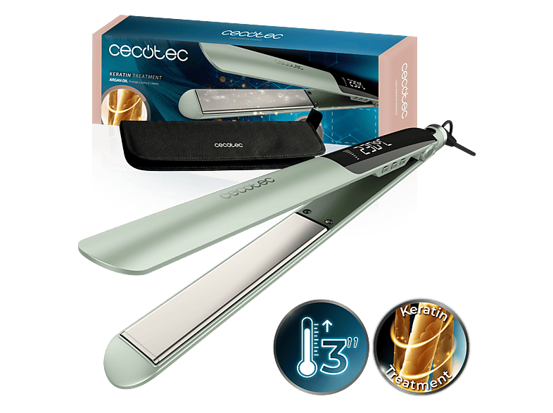 Plancha de pelo - Cecotec Lisse Keratin Essence Olive, HeatMax, Cerámica con queratina y argán, 130-230ºC, Autoapagado, Bolsa viaje, Verde