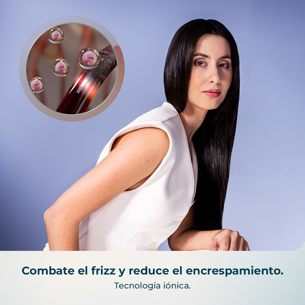 Mujer con cabello liso e ilustración de tecnología iónica.