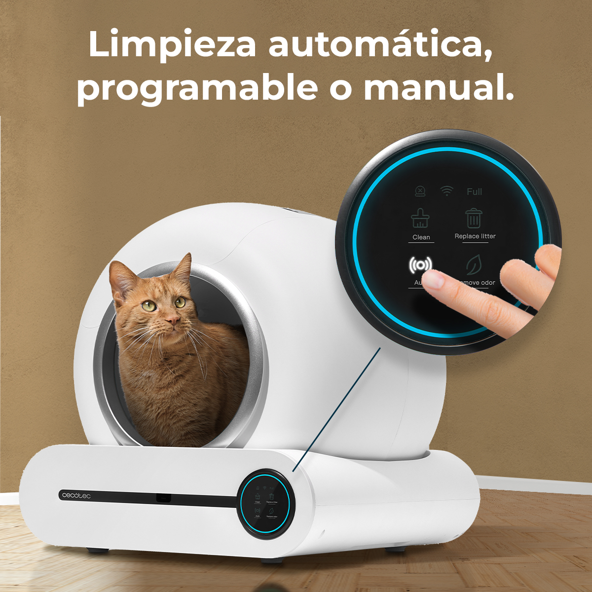 Un gato naranja se sienta dentro de un arenero blanco automático con panel táctil.