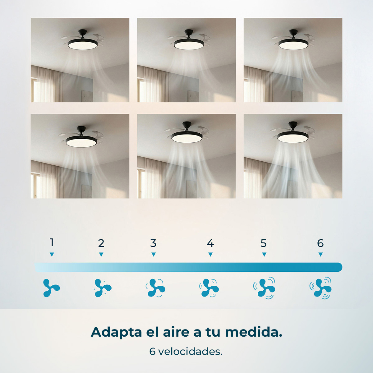 Ventilador de techo con 6 velocidades y visualización de flujo.
