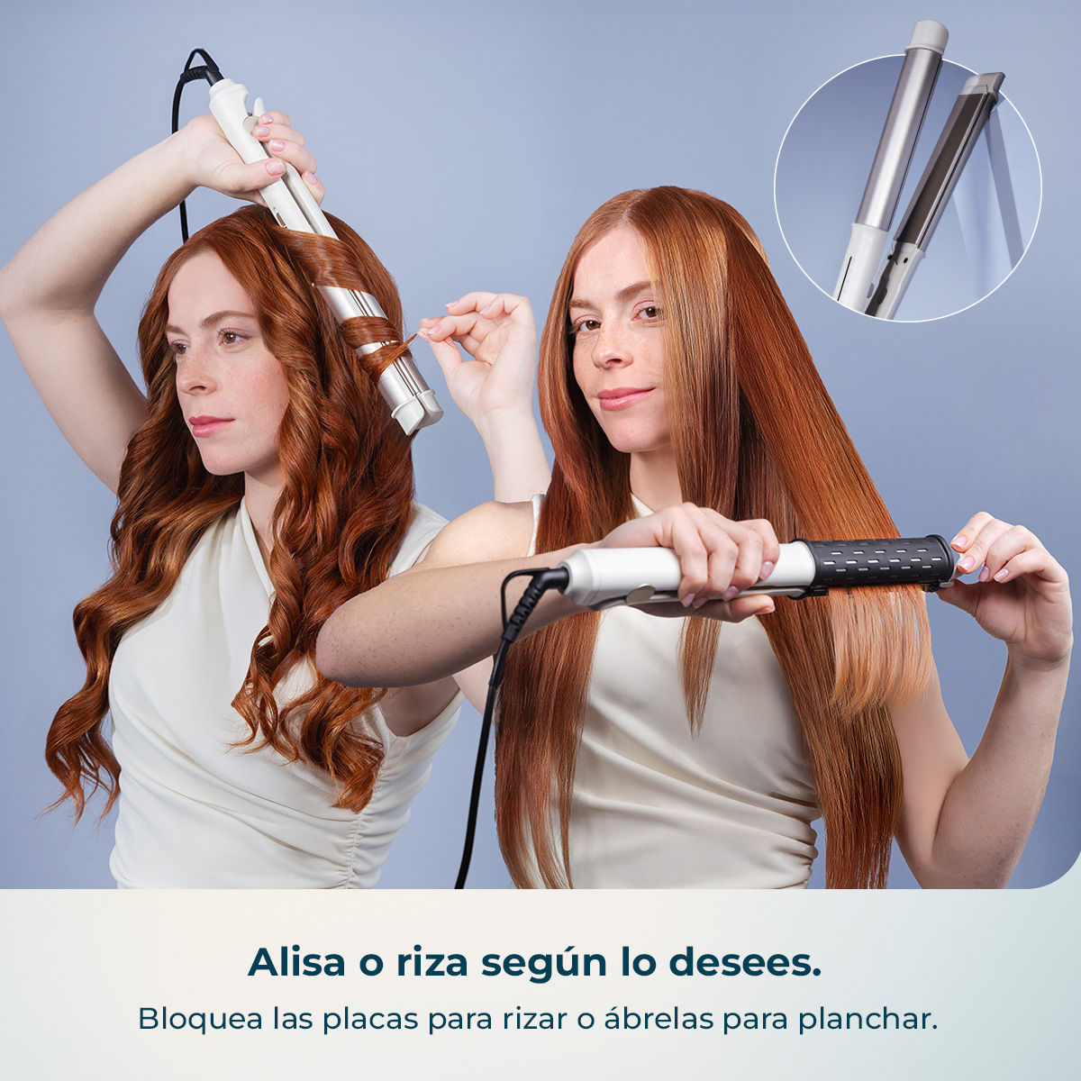 Dos mujeres pelirrojas usan herramientas de peinado.