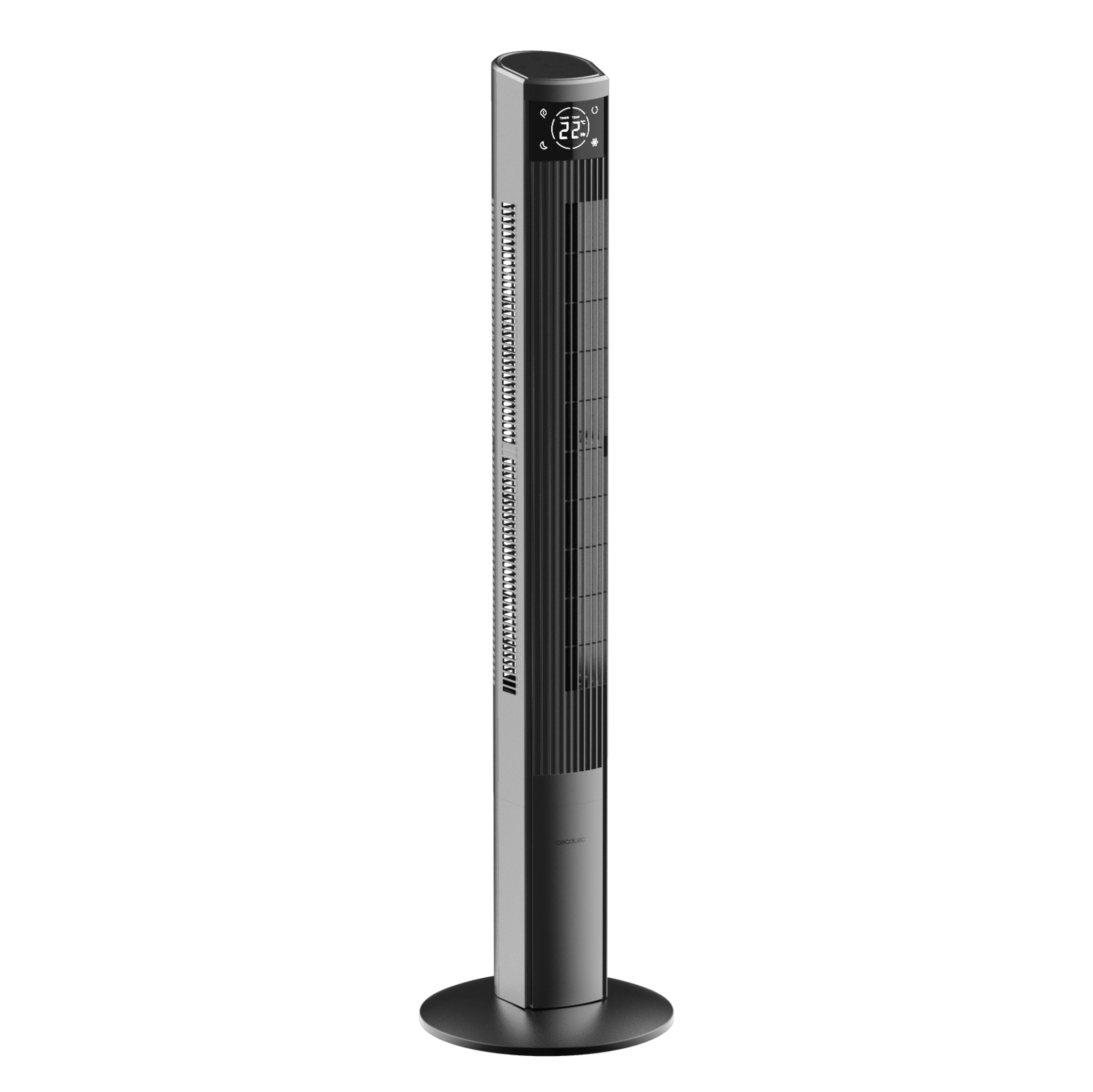 Un ventilador de torre oscuro y elegante con pantalla digital sobre fondo verde.