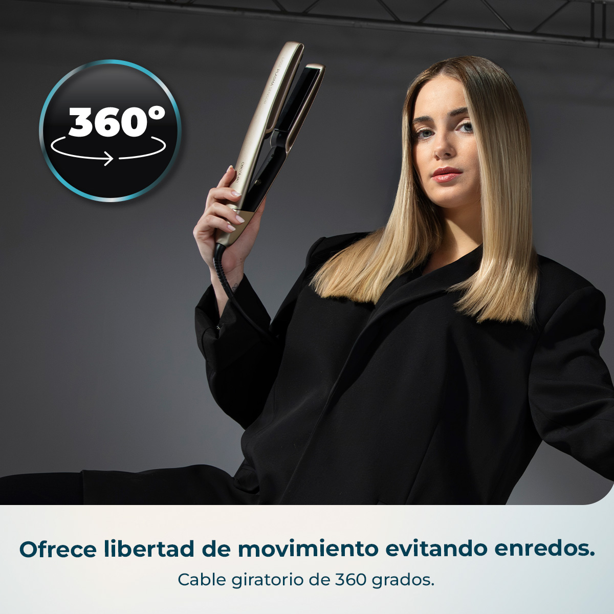 Una mujer sostiene una plancha dorada; icono 360°.
