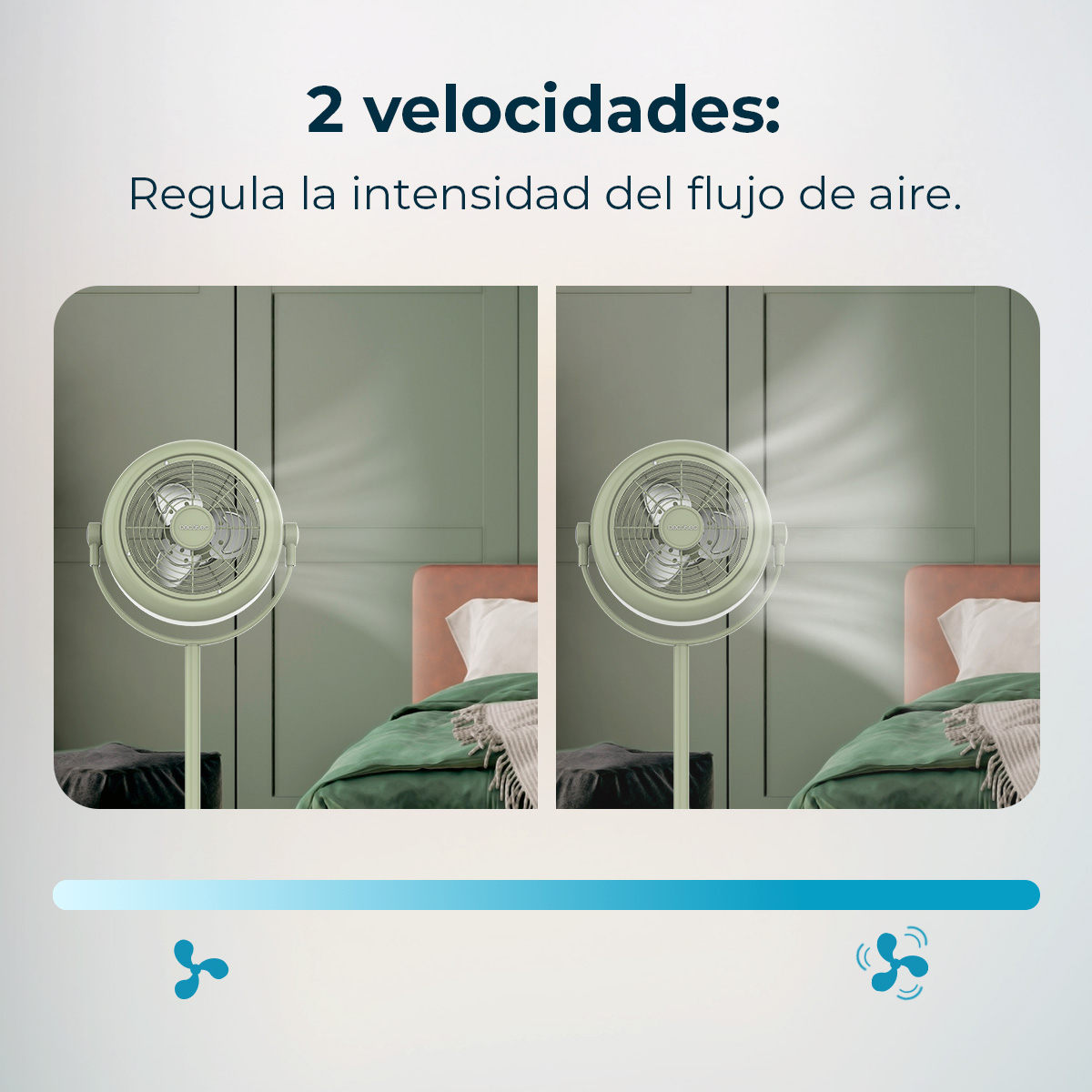 Dos ventiladores uno al lado del otro, uno con aire suave, otro con aire fuerte.