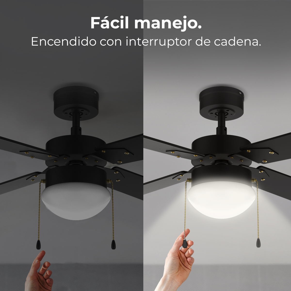 Ventilador de techo negro con luz, operado por cadena. Una mano tira de la cadena.