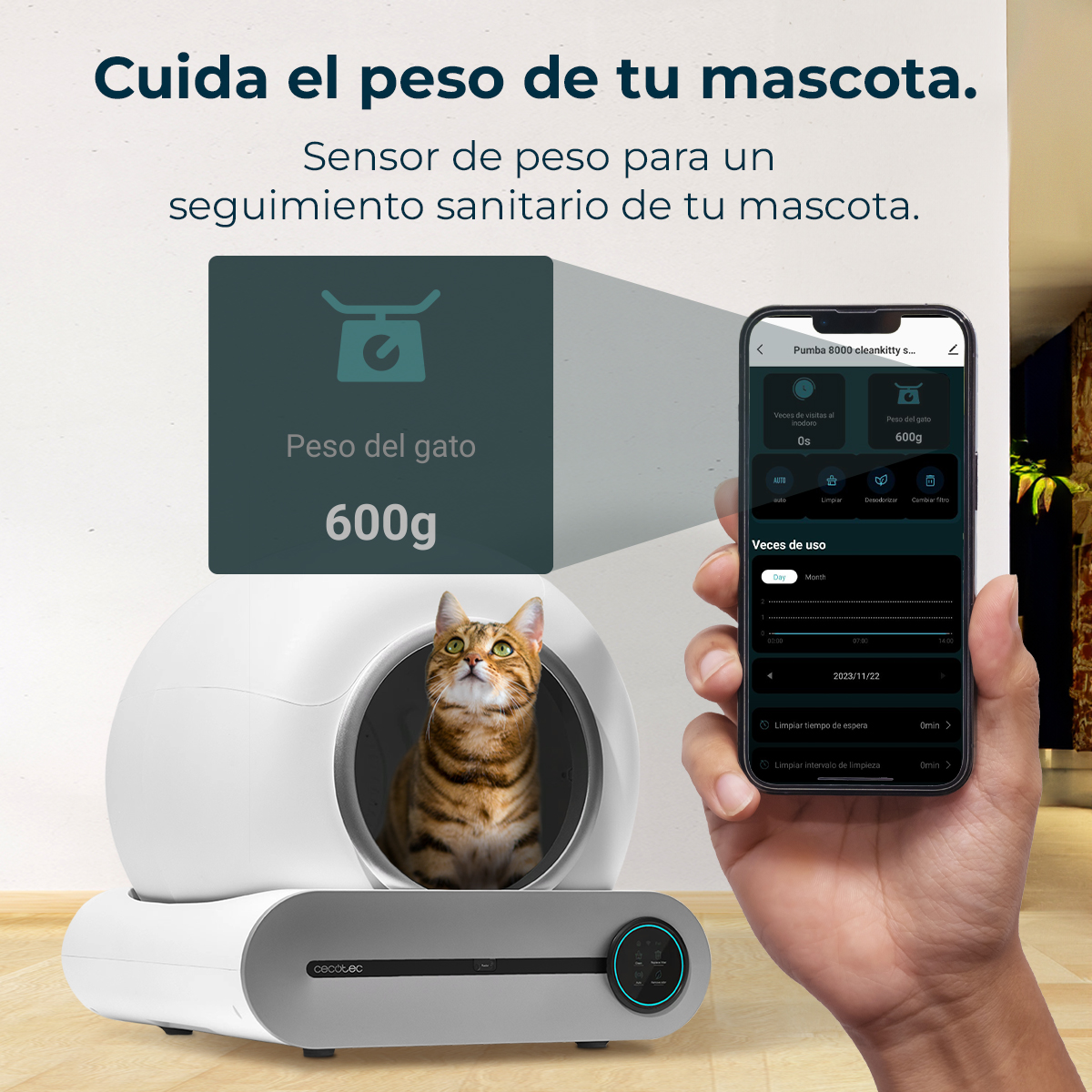 Un gato se sienta en un arenero blanco, junto a una mano que sostiene un móvil con app de arenero.