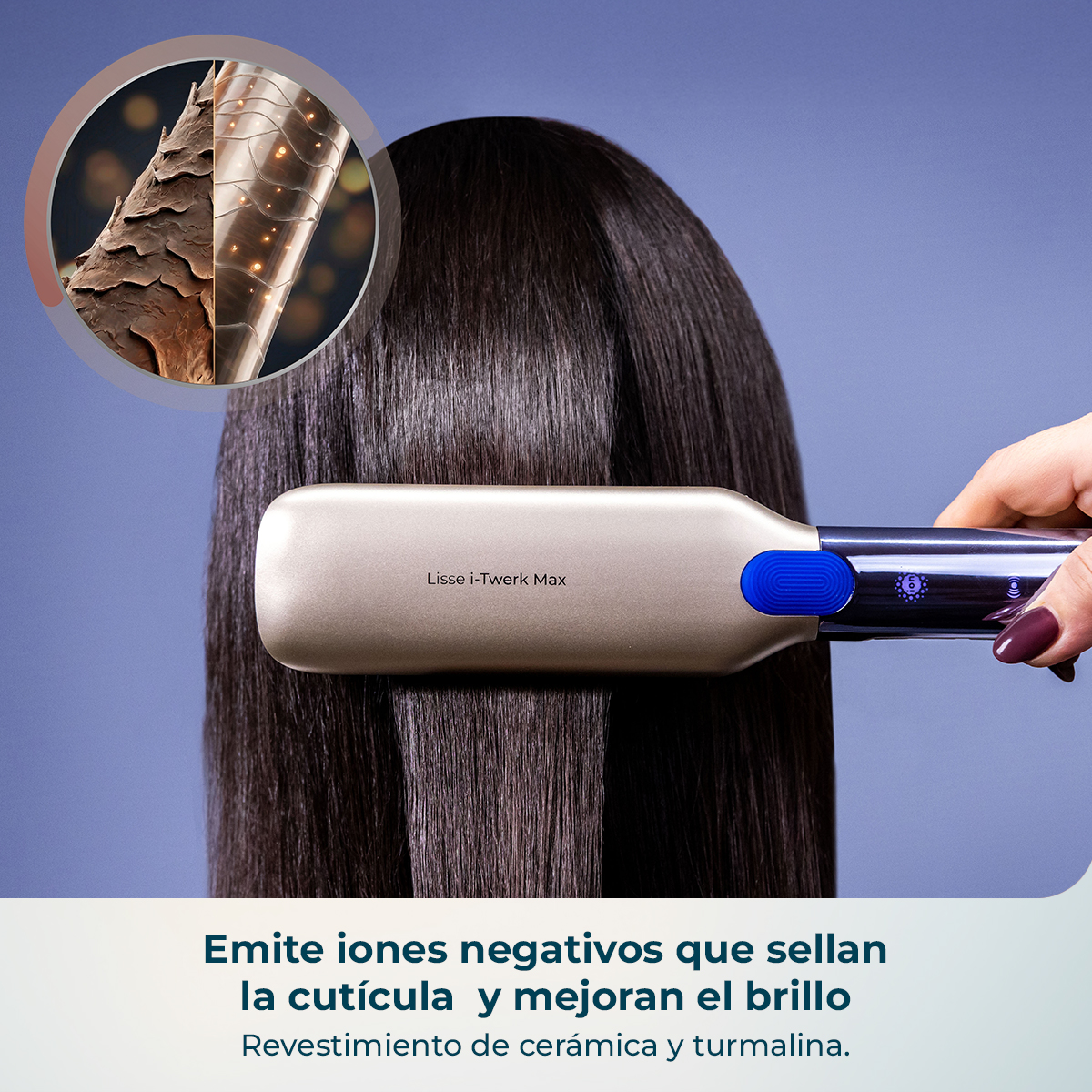 Plancha de pelo con revestimiento de cerámica y turmalina alisa pelo.