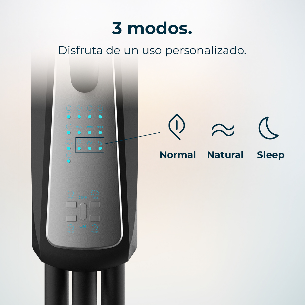 Un ventilador con panel de control iluminado que muestra tres modos: Normal, Natural y Sueño.