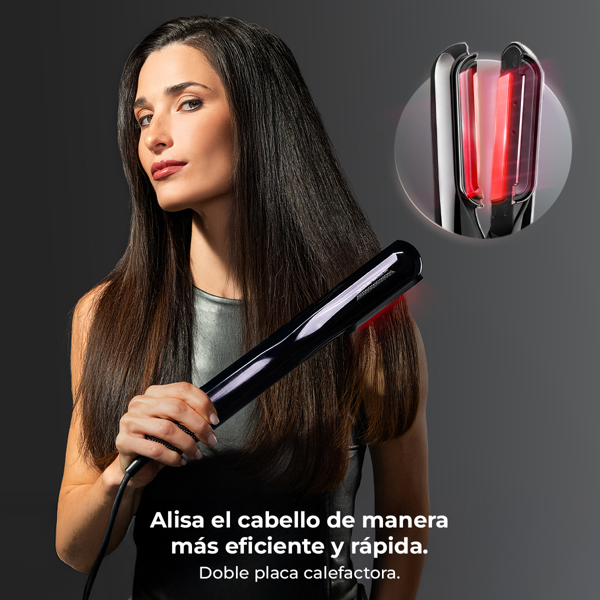Una mujer con pelo largo usa un alisador negro con elementos calefactores rojos.