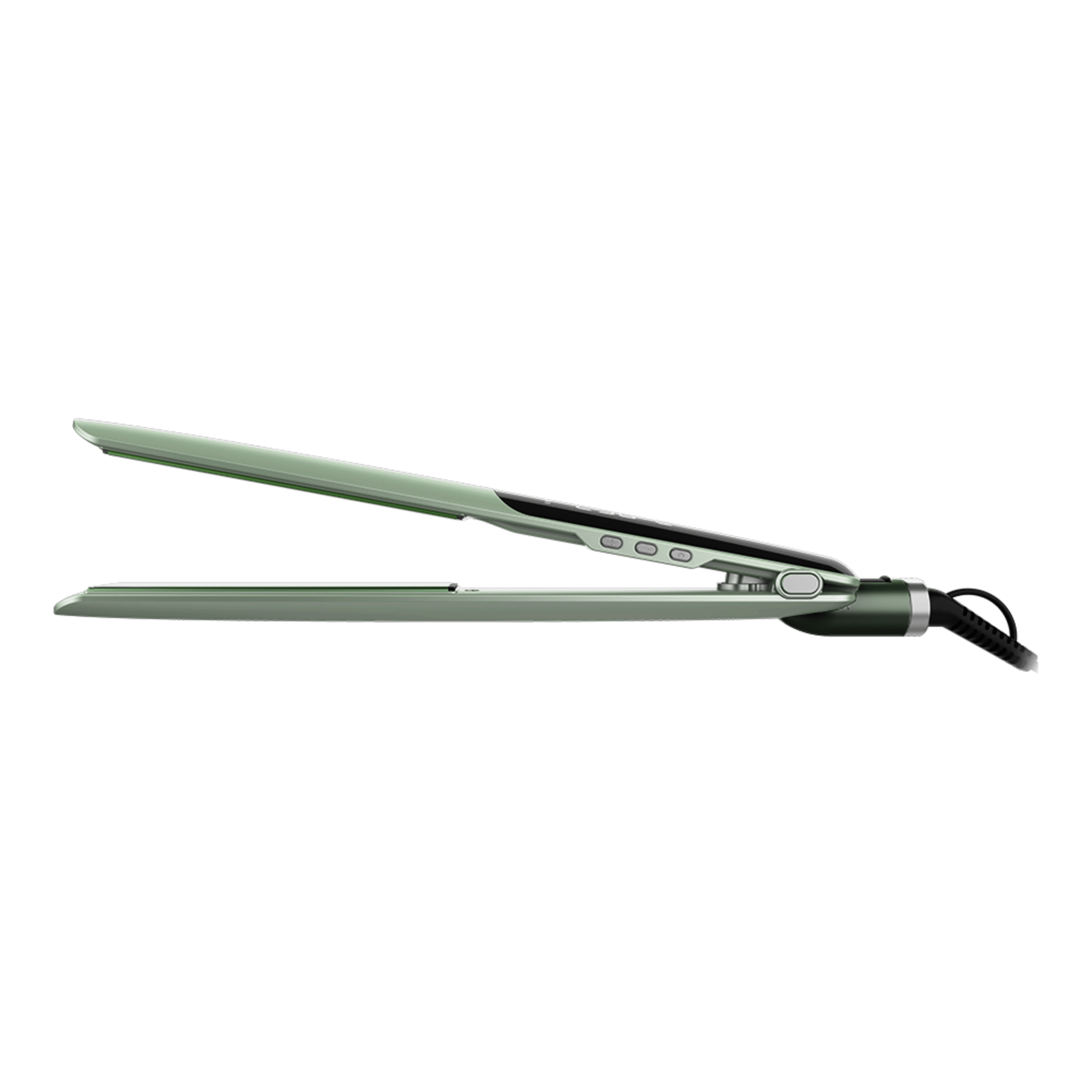 Una plancha de pelo verde con detalles plateados y botones negros sobre fondo oscuro.
