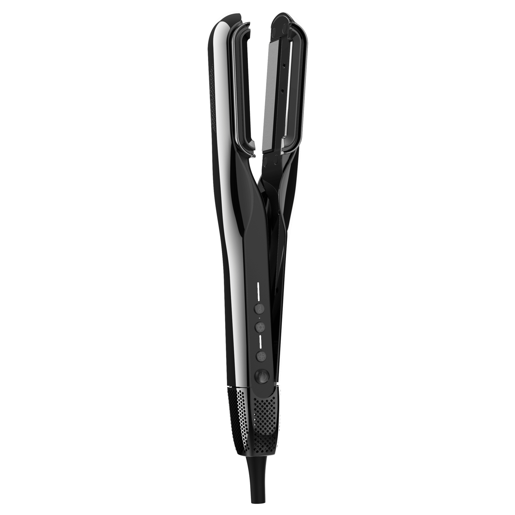 Una plancha de pelo negra brillante con placas abiertas y botones de control.
