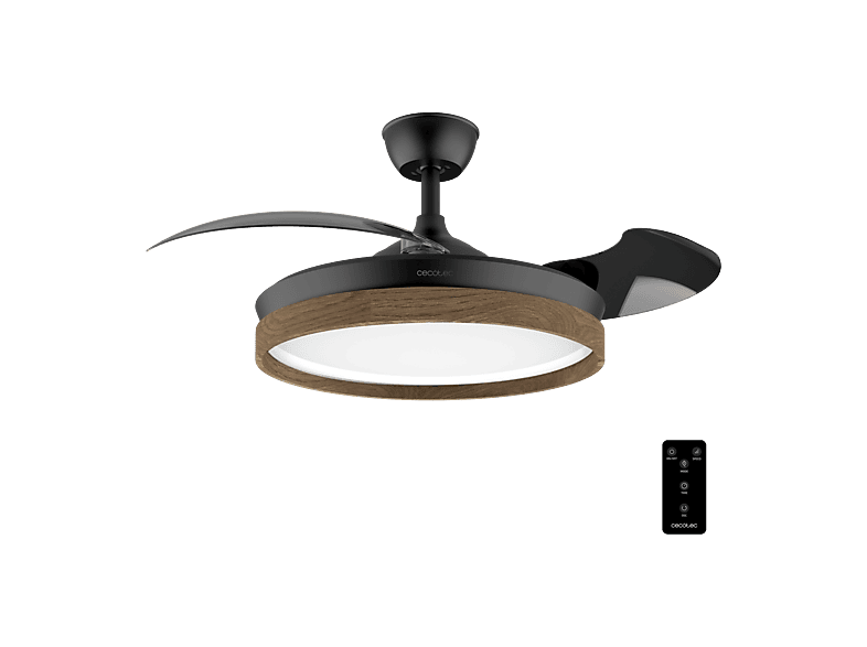 Ventilador de techo - Cecotec EnergySilence Aero 4320 Invisible Wood&Black, 35 W con 6 velocidades, 3 aspas retráctiles, Luz LED, Negro