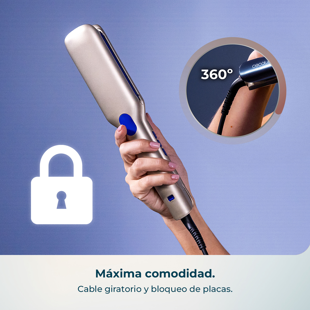 Una mano sostiene una plancha dorada con detalles azules. Se ven un icono de candado y vista de 360°.