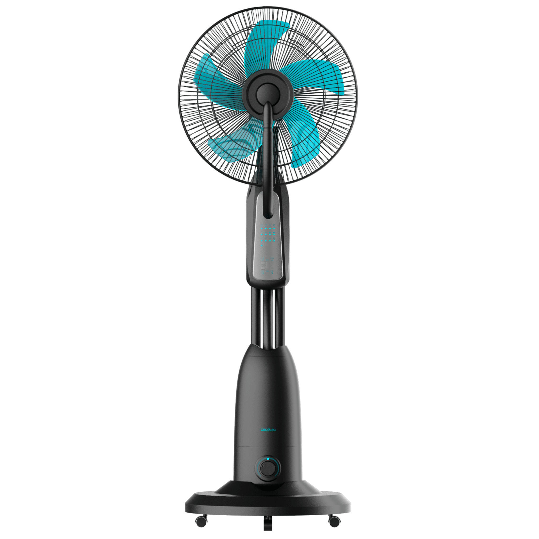 Un ventilador de pie negro con aspas azules y panel de control plateado.
