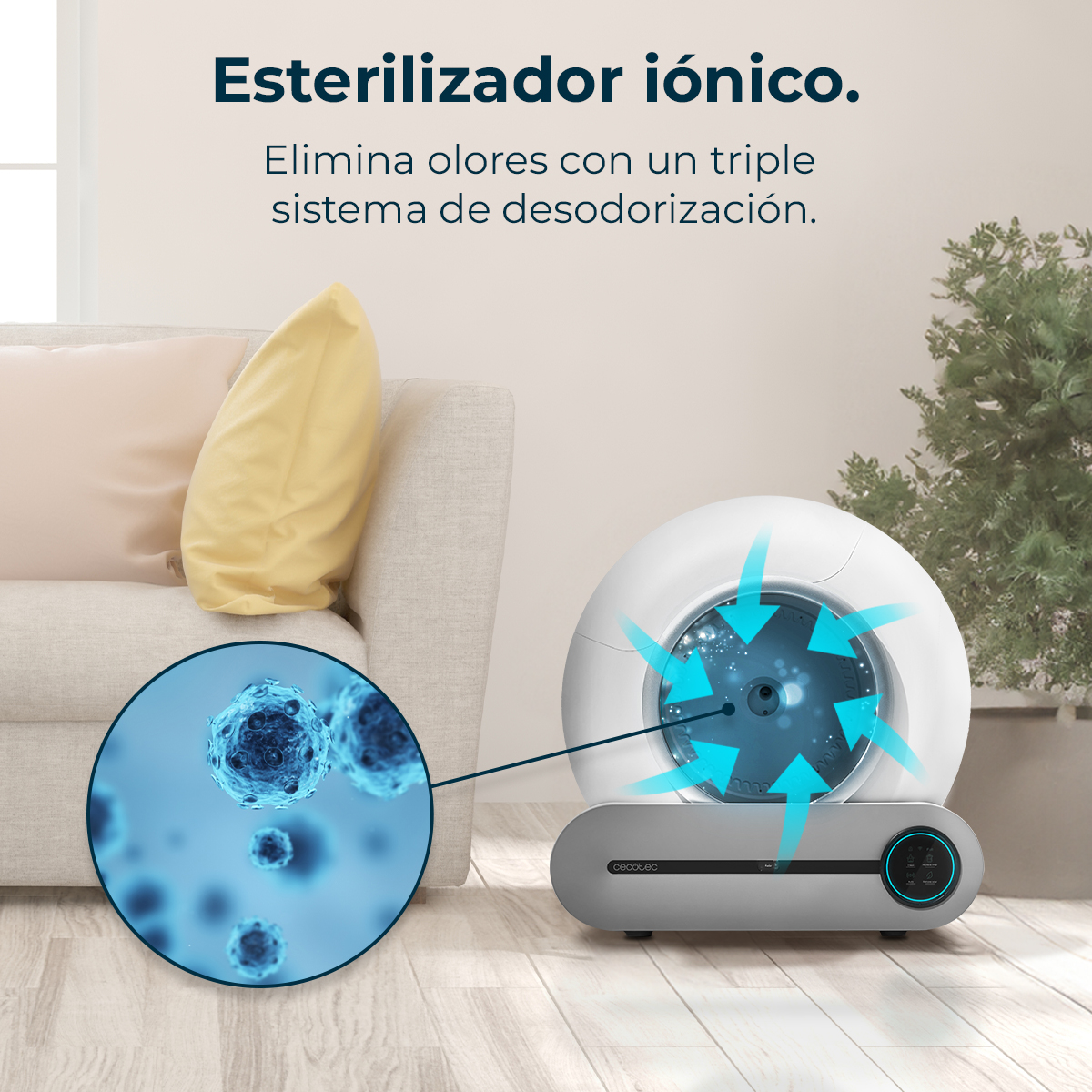 Un purificador de aire futurista con flechas azules y vista ampliada de bacterias.