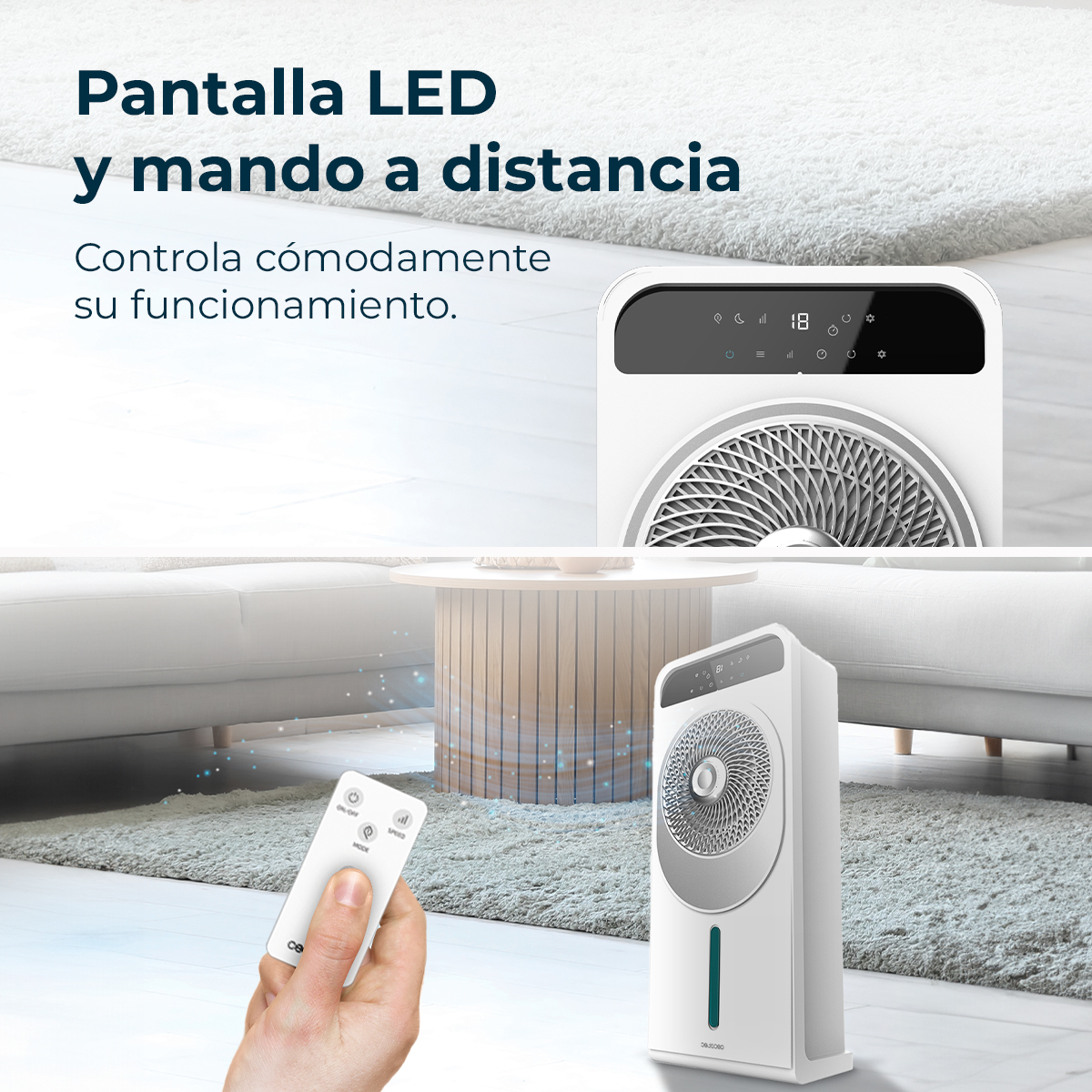 Un enfriador de aire blanco con mando a distancia en una sala.