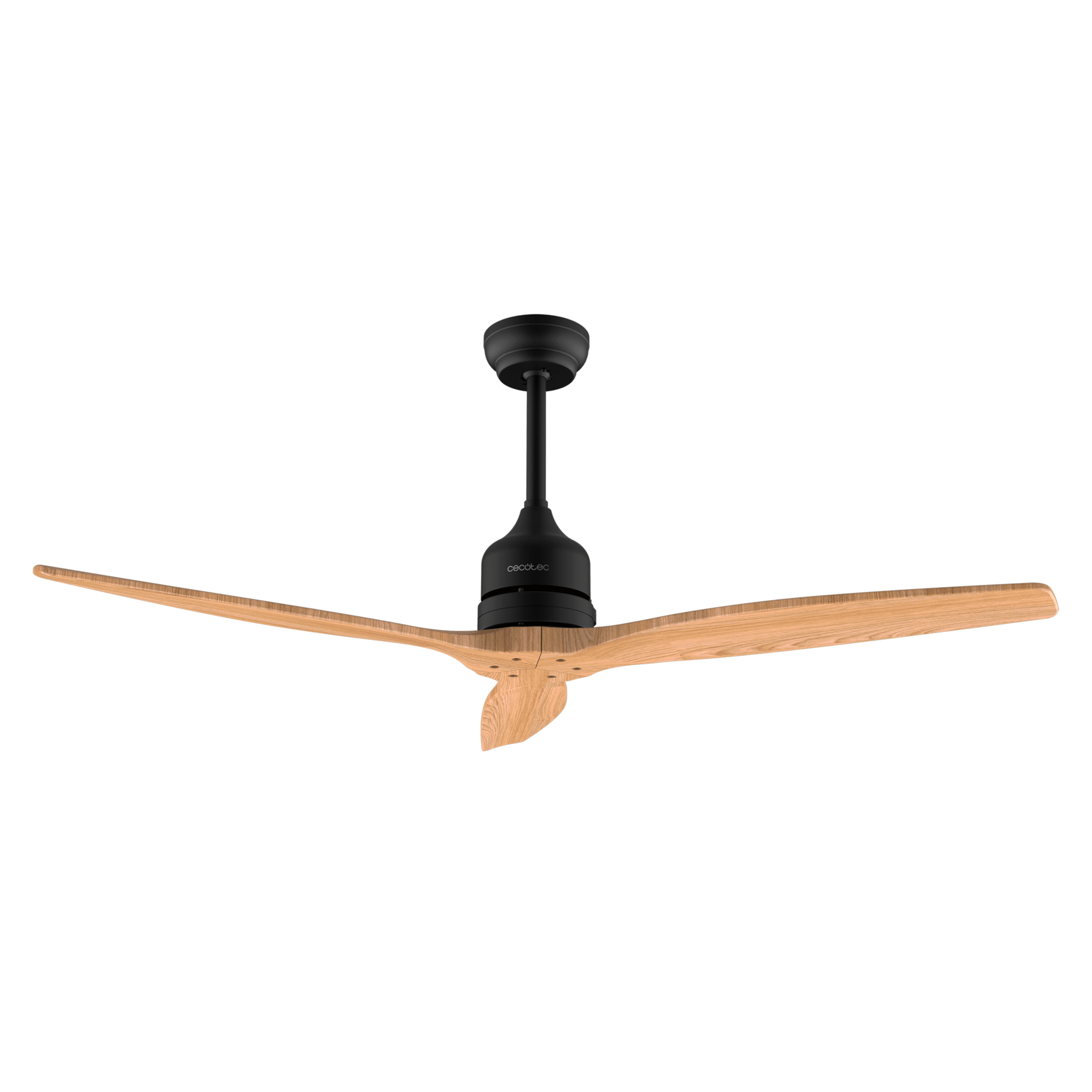 Ventilador de techo negro con tres aspas de madera, sobre fondo verde.