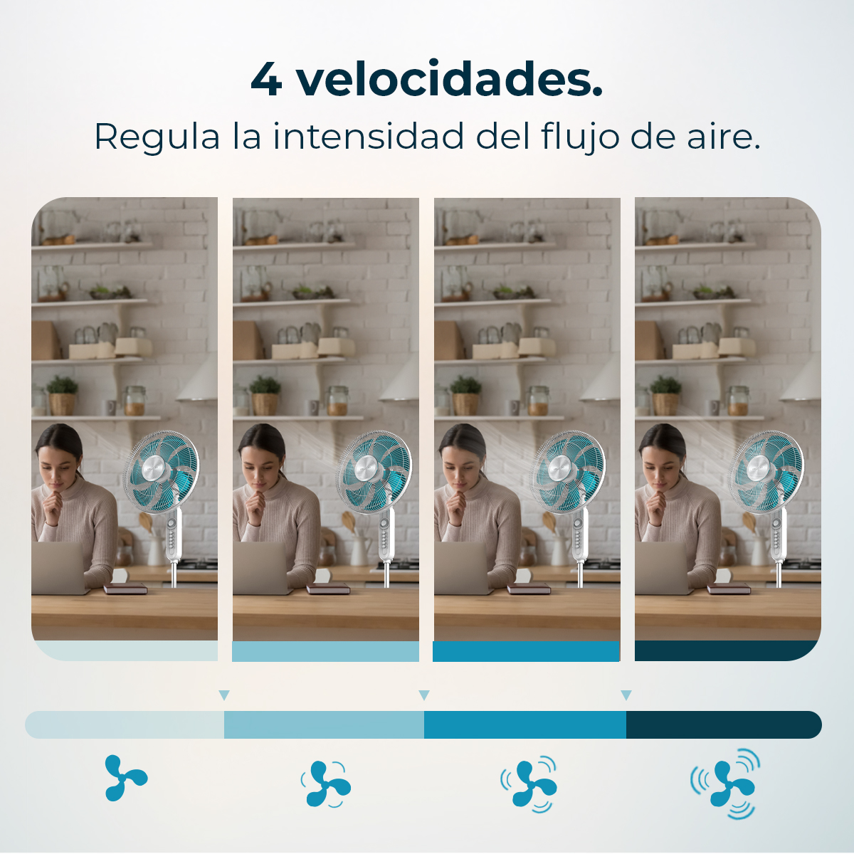 Una mujer trabaja en un portátil, junto a un ventilador con 4 velocidades.