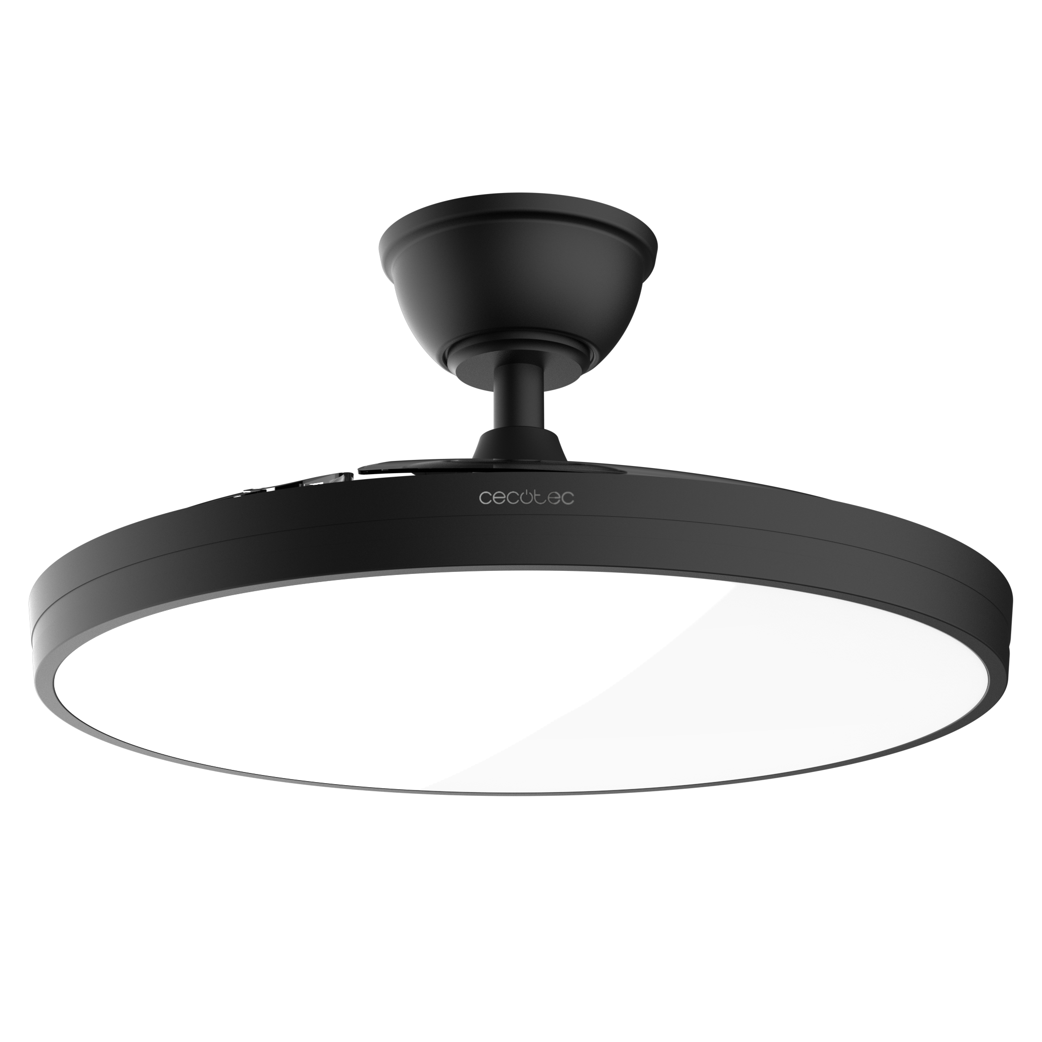 Ventilador de techo negro con luz LED integrada y brillante.
